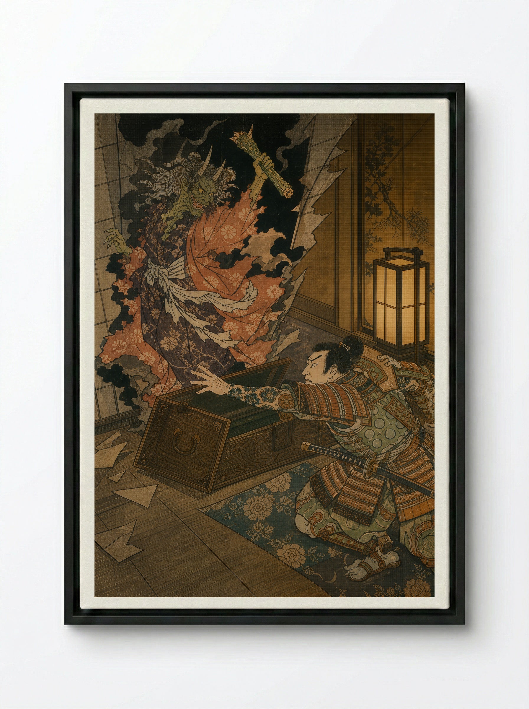 Watanabe no Tsuna at Rashomon: The Arm Reclaimed - Framed Canvas Black
