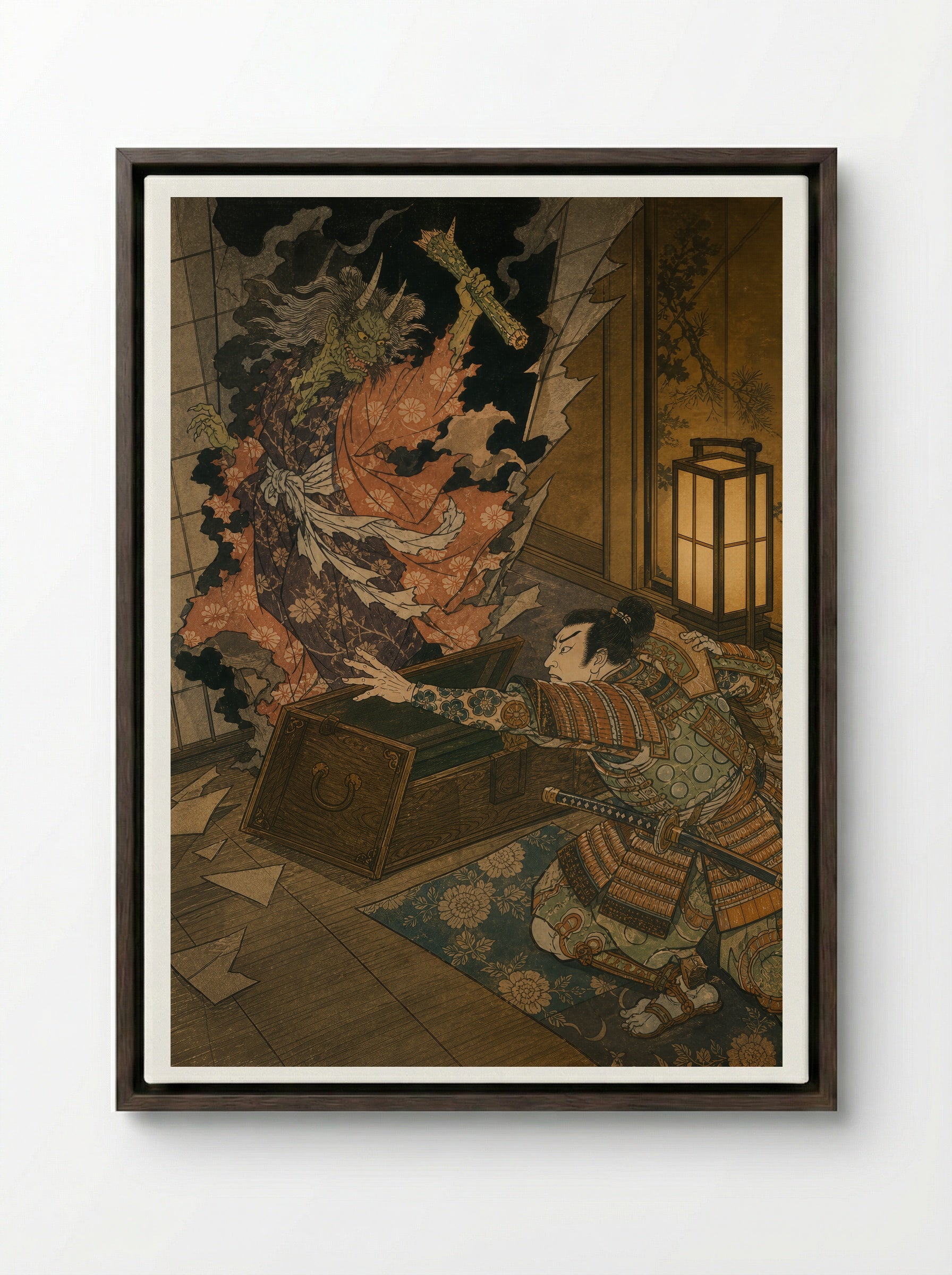 Watanabe no Tsuna at Rashomon: The Arm Reclaimed - Framed Canvas Dark Wood