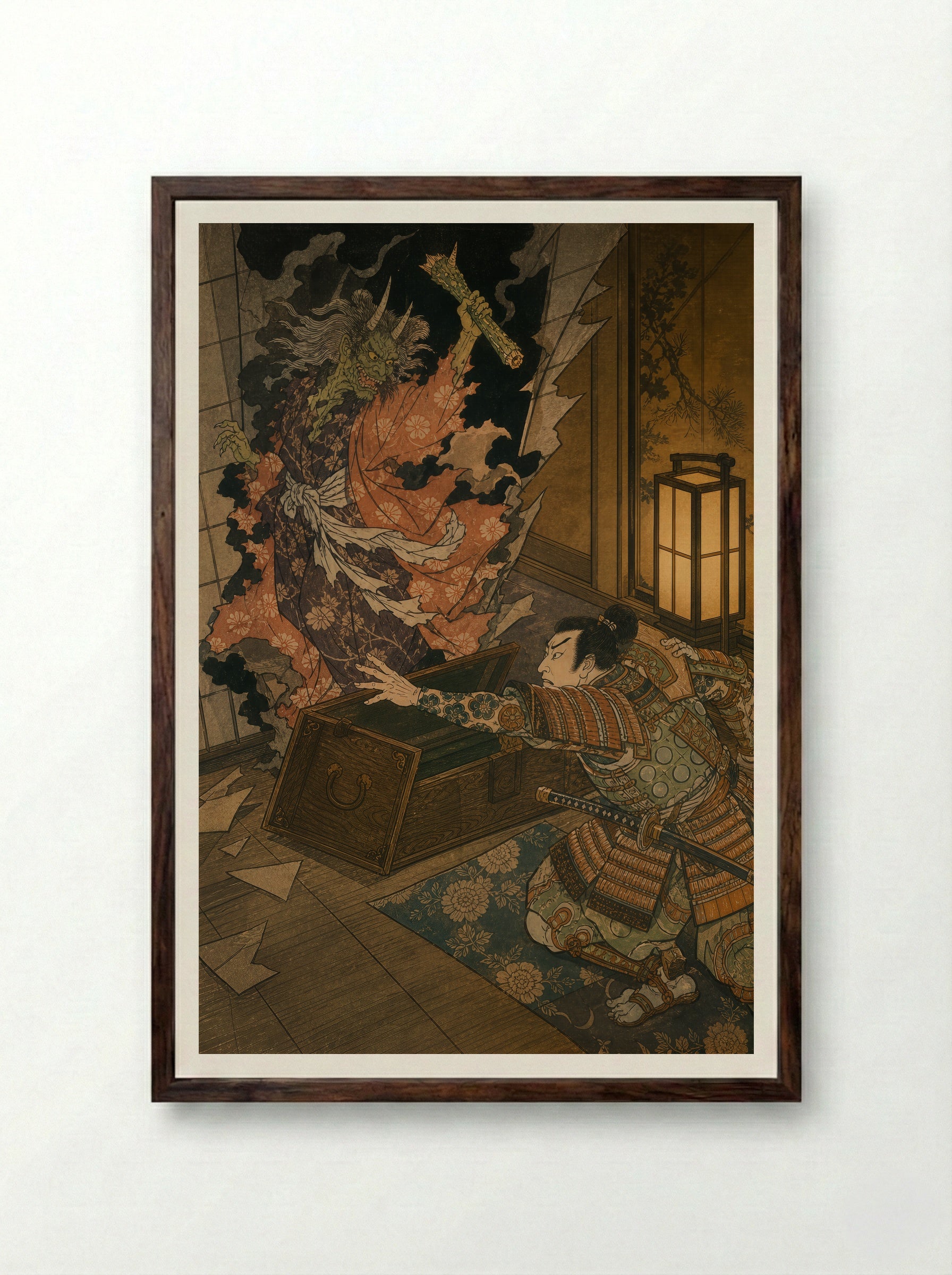 Watanabe no Tsuna at Rashomon: The Arm Reclaimed - Framed Print Dark Wood