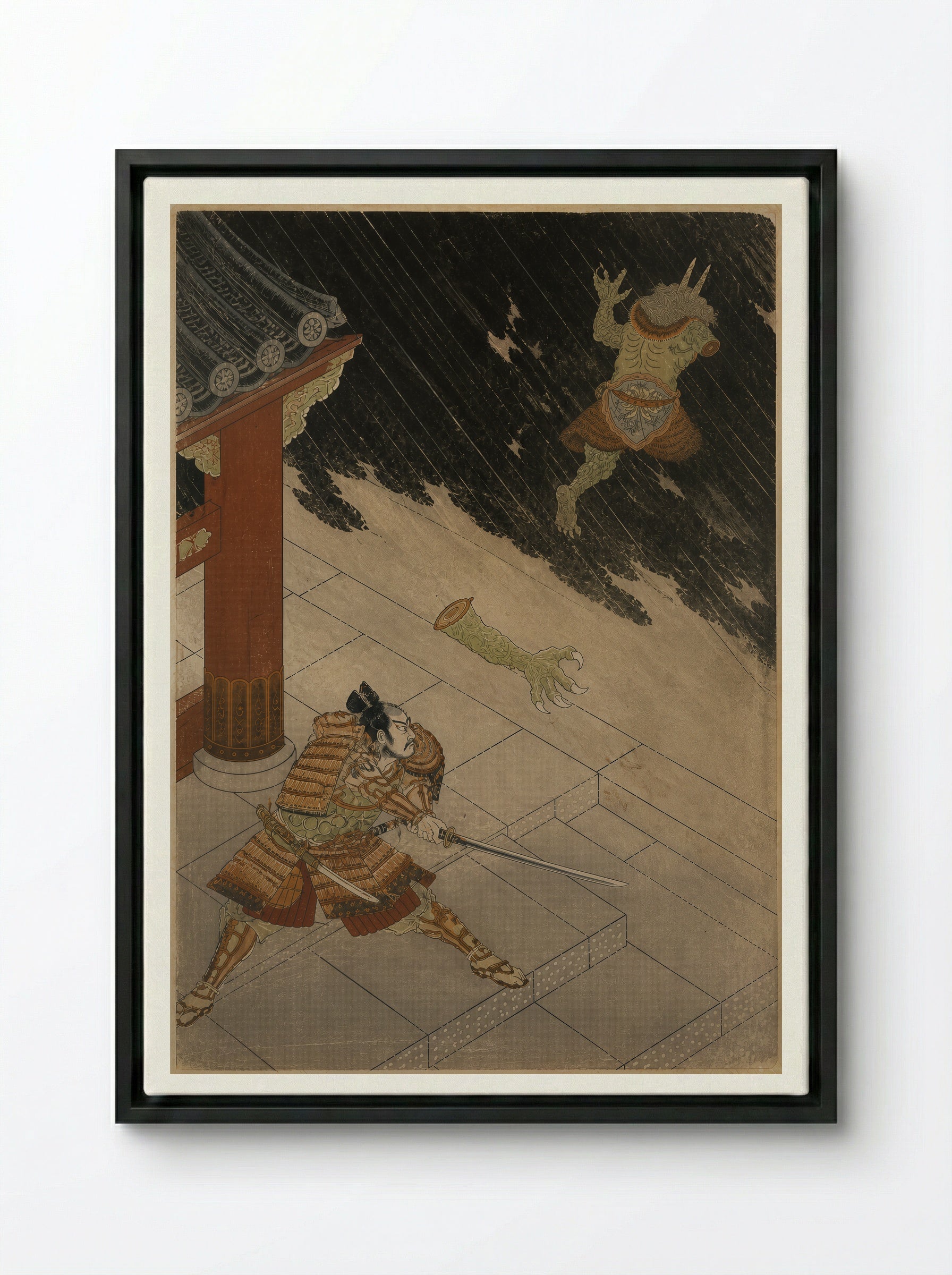 Watanabe no Tsuna at Rashomon: The Severed Arm - Framed Canvas Black
