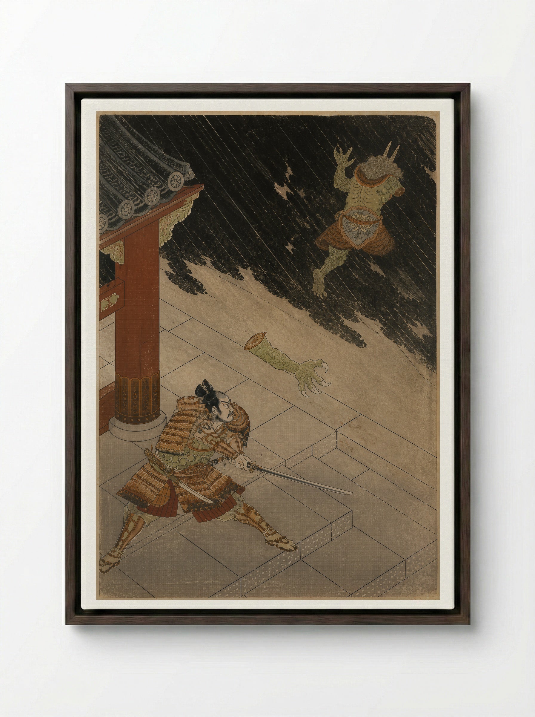 Watanabe no Tsuna at Rashomon: The Severed Arm - Framed Canvas Dark Wood