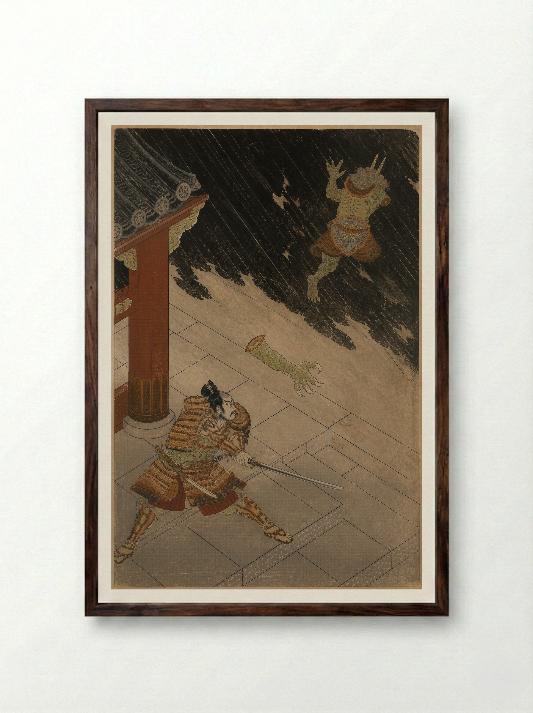 Watanabe no Tsuna at Rashomon: The Severed Arm - Framed Print Dark Wood