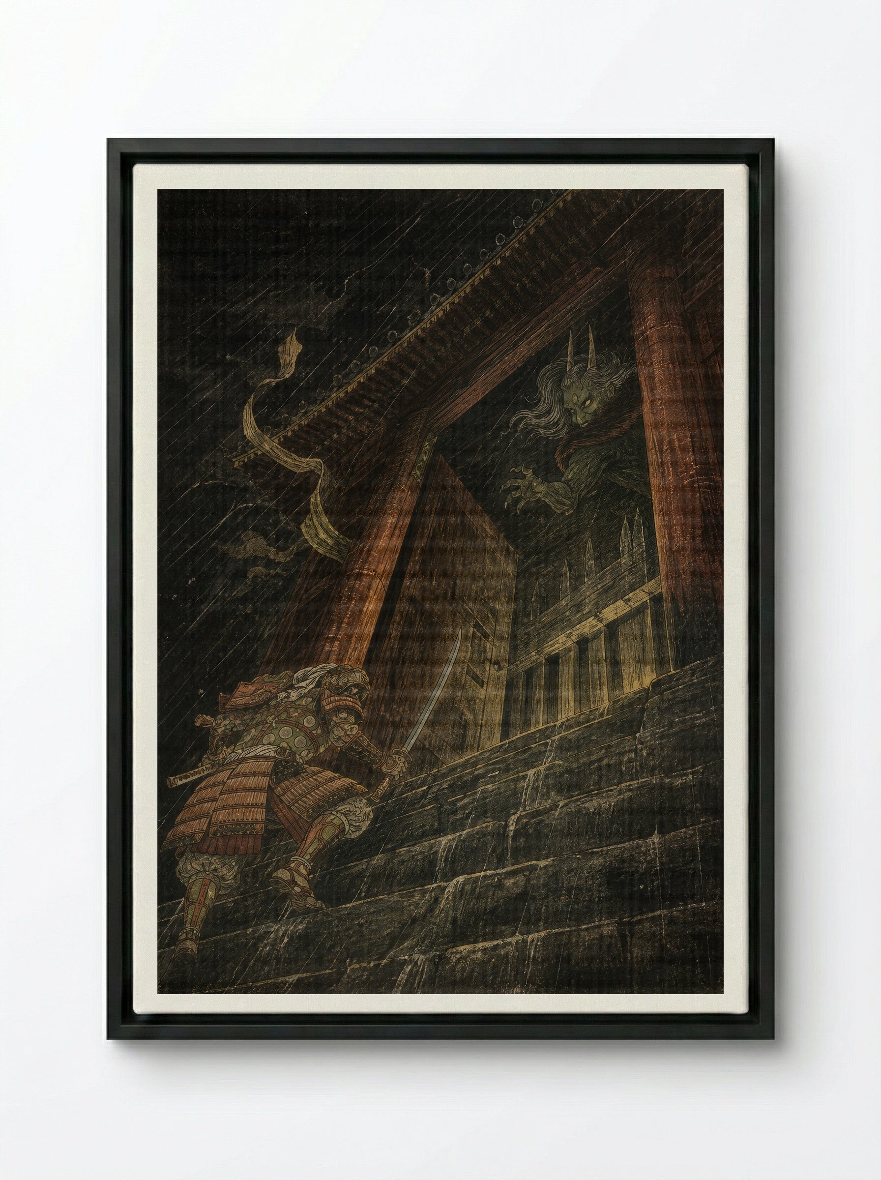 Watanabe no Tsuna at Rashomon: The Storm Gate - Framed Canvas Black