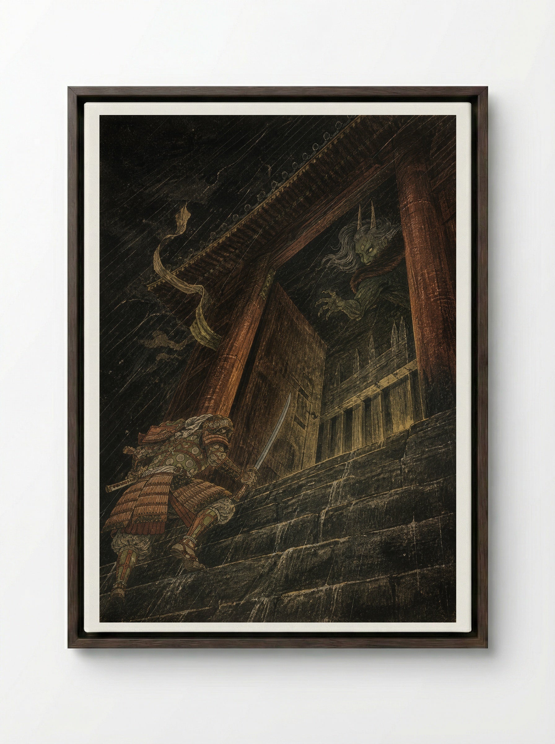 Watanabe no Tsuna at Rashomon: The Storm Gate - Framed Canvas Dark Wood