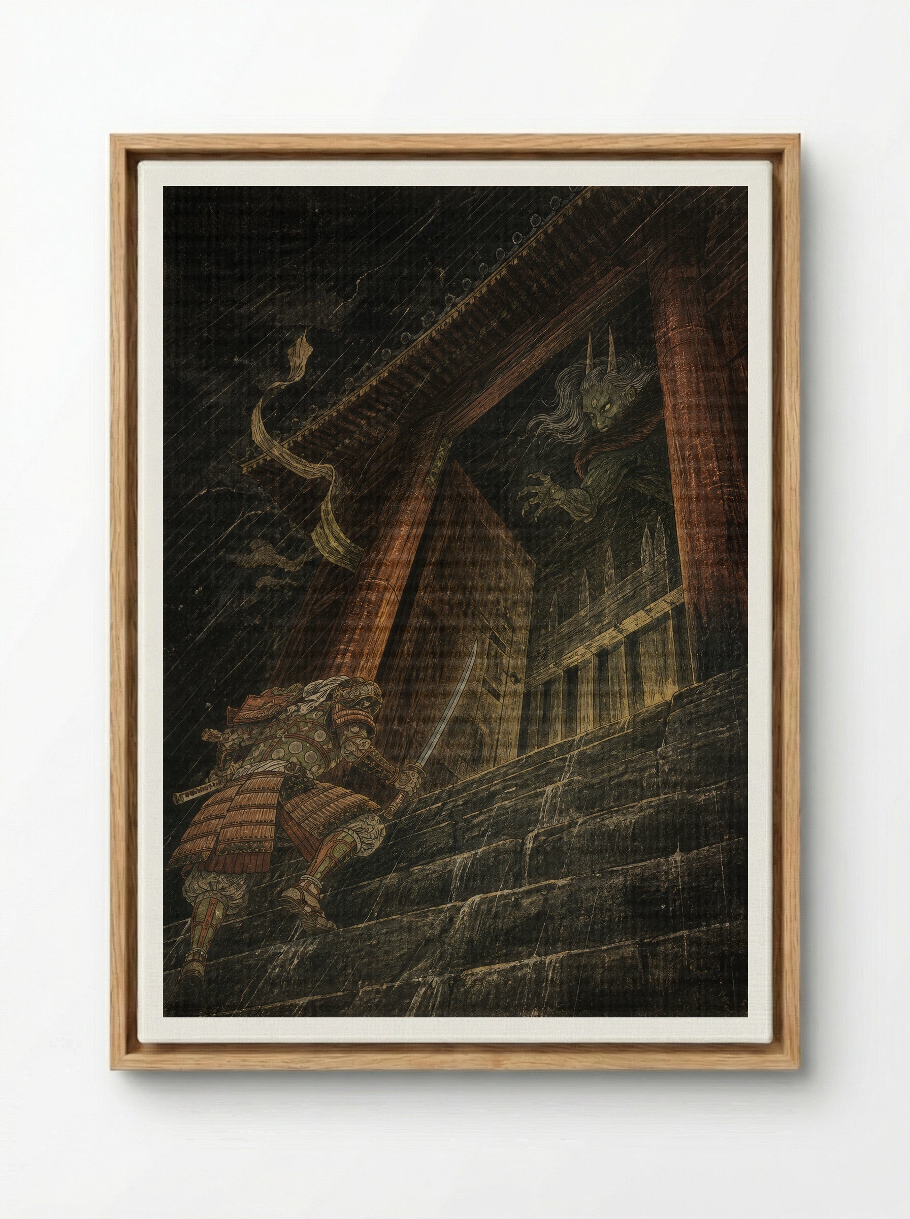Watanabe no Tsuna at Rashomon: The Storm Gate - Framed Canvas Wood