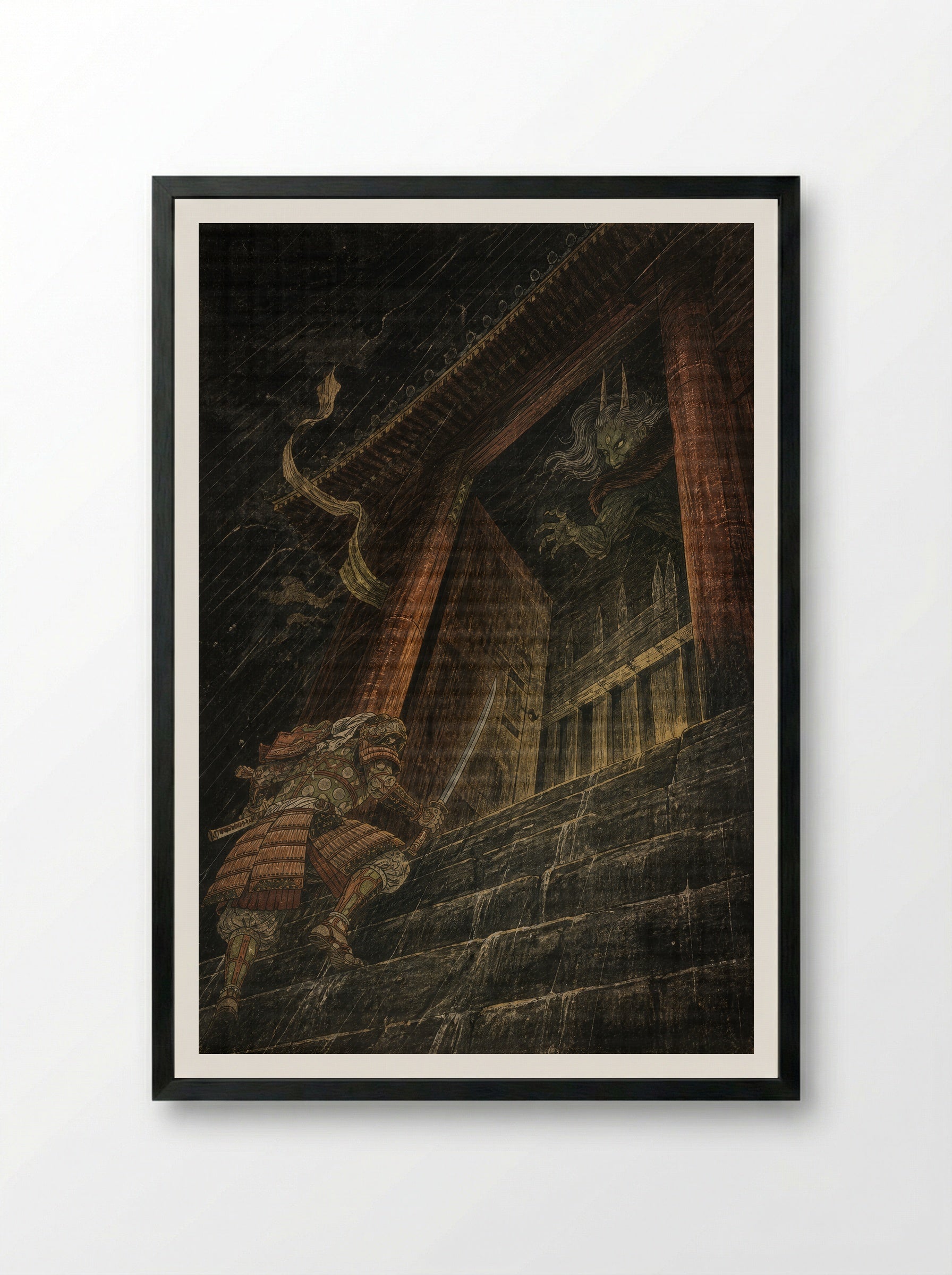 Watanabe no Tsuna at Rashomon: The Storm Gate - Framed Print Black