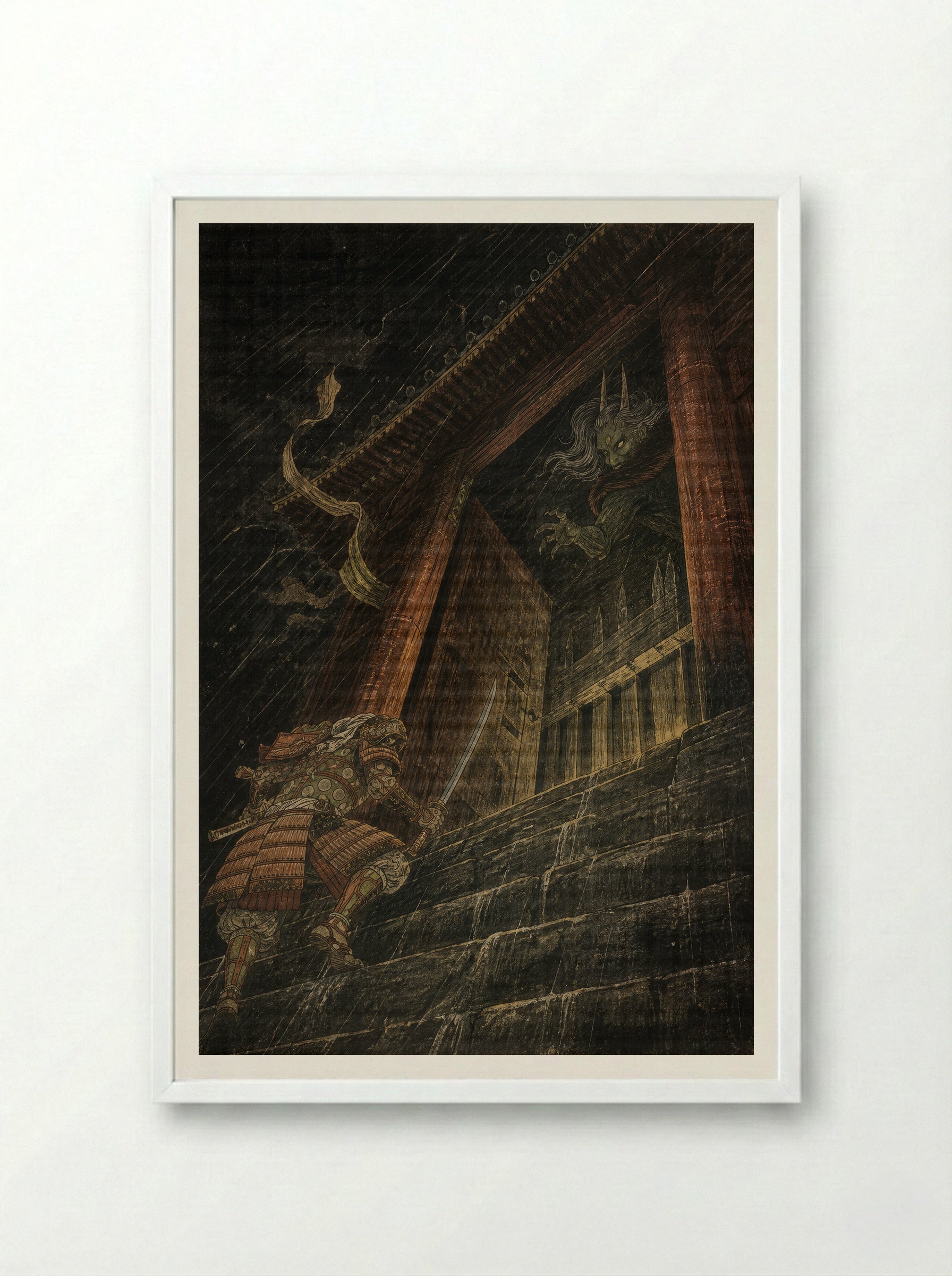 Watanabe no Tsuna at Rashomon: The Storm Gate - Framed Print White