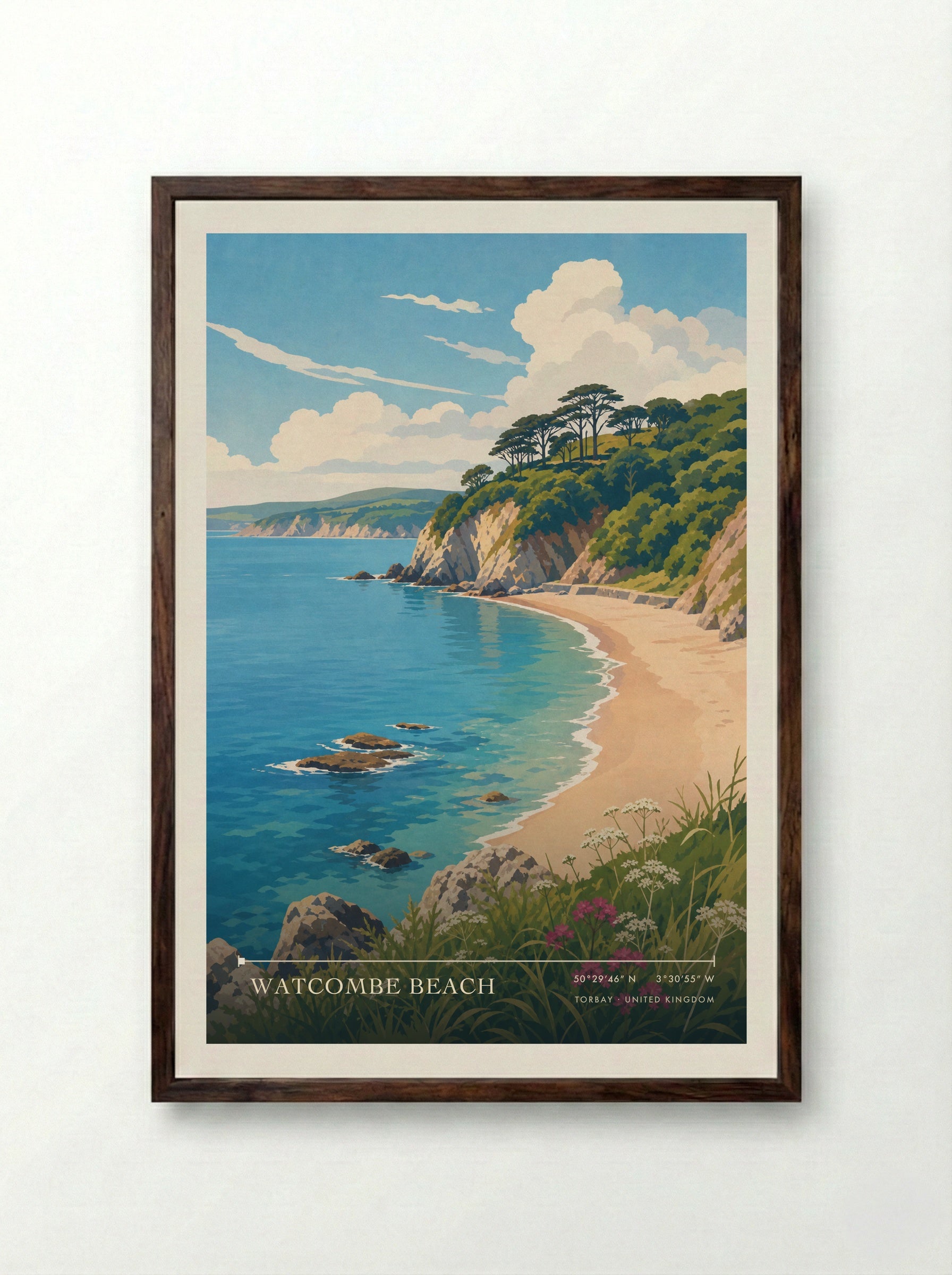 Watcombe Beach Torbay United Kingdom Travel Poster - Framed Print Dark Wood