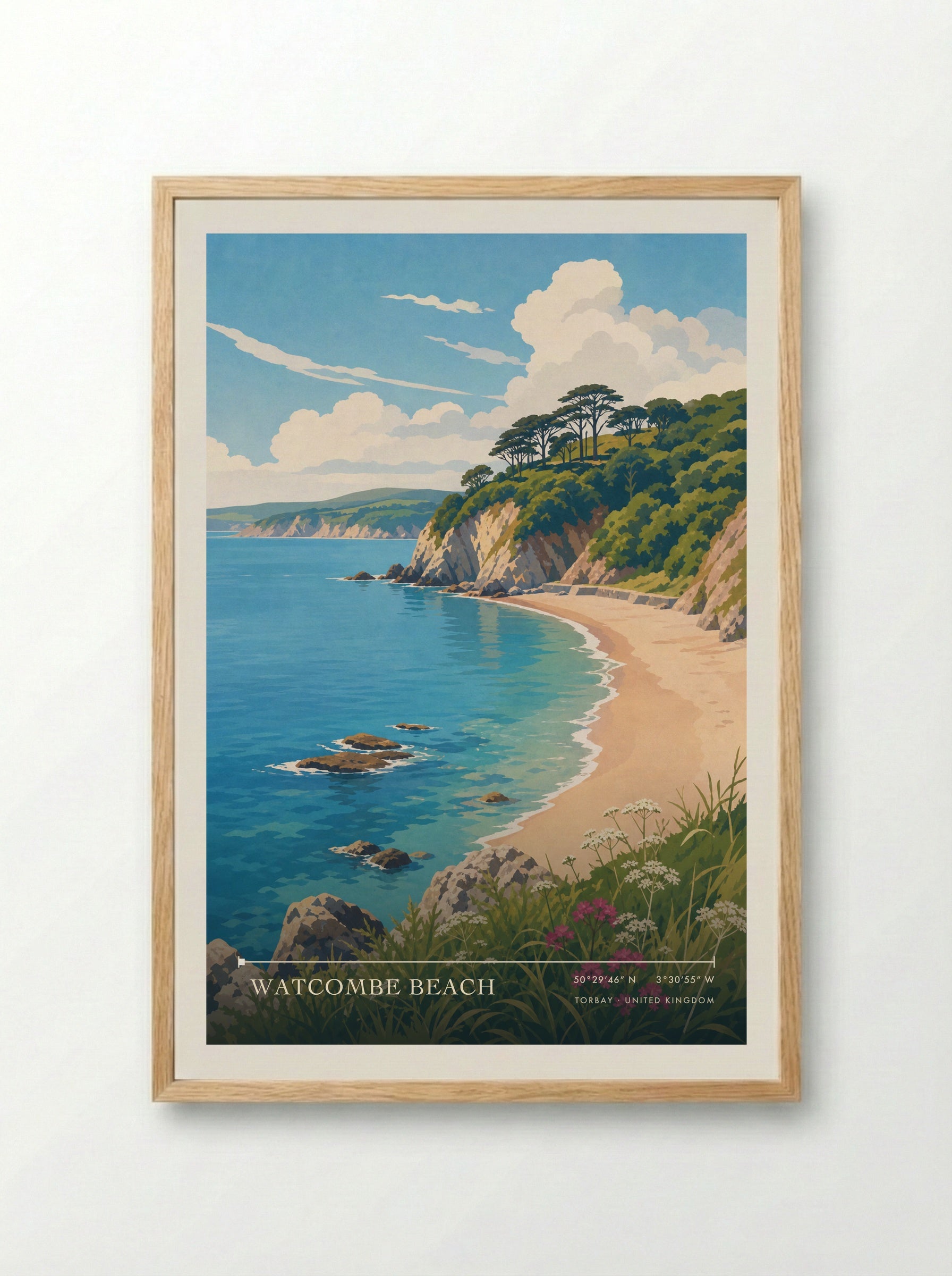 Watcombe Beach Torbay United Kingdom Travel Poster - Framed Print Wood