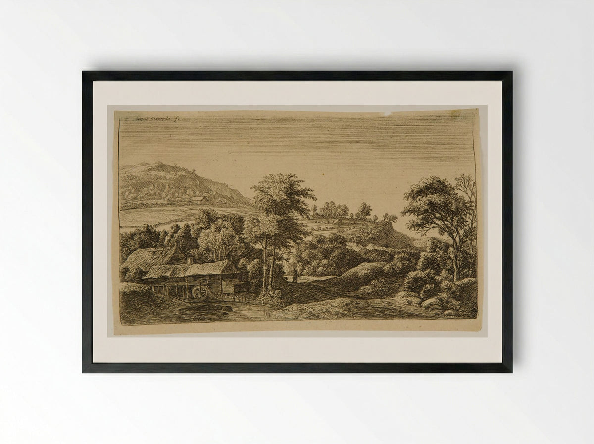 Water Mill at the Foot of a Mountain - Anthonie Waterloo - Framed Print Black