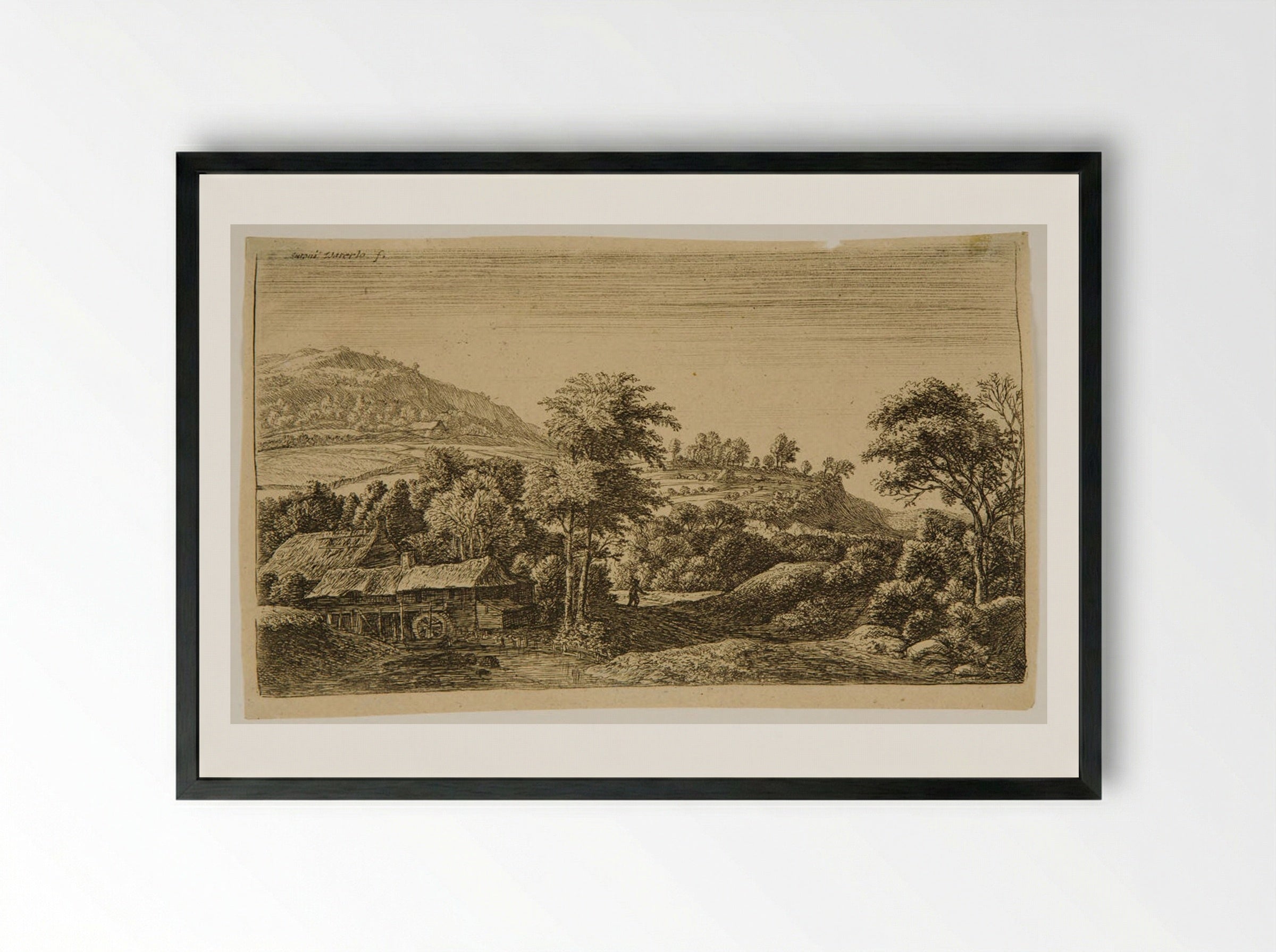 Water Mill at the Foot of a Mountain - Anthonie Waterloo - Framed Print Black