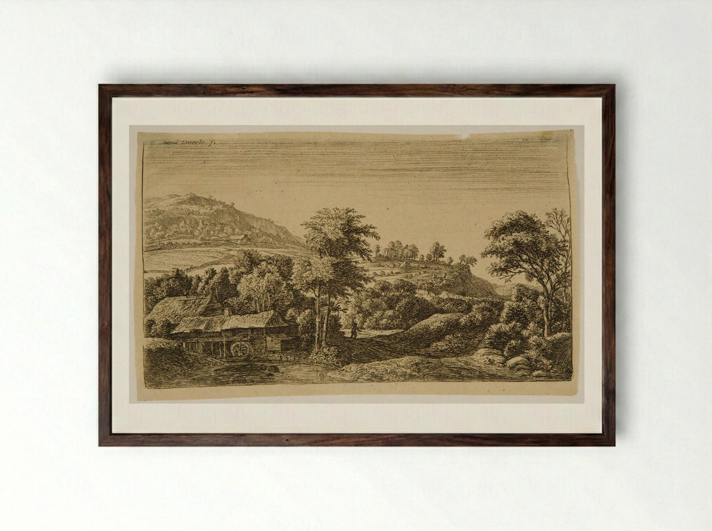 Water Mill at the Foot of a Mountain - Anthonie Waterloo - Framed Print Dark Wood