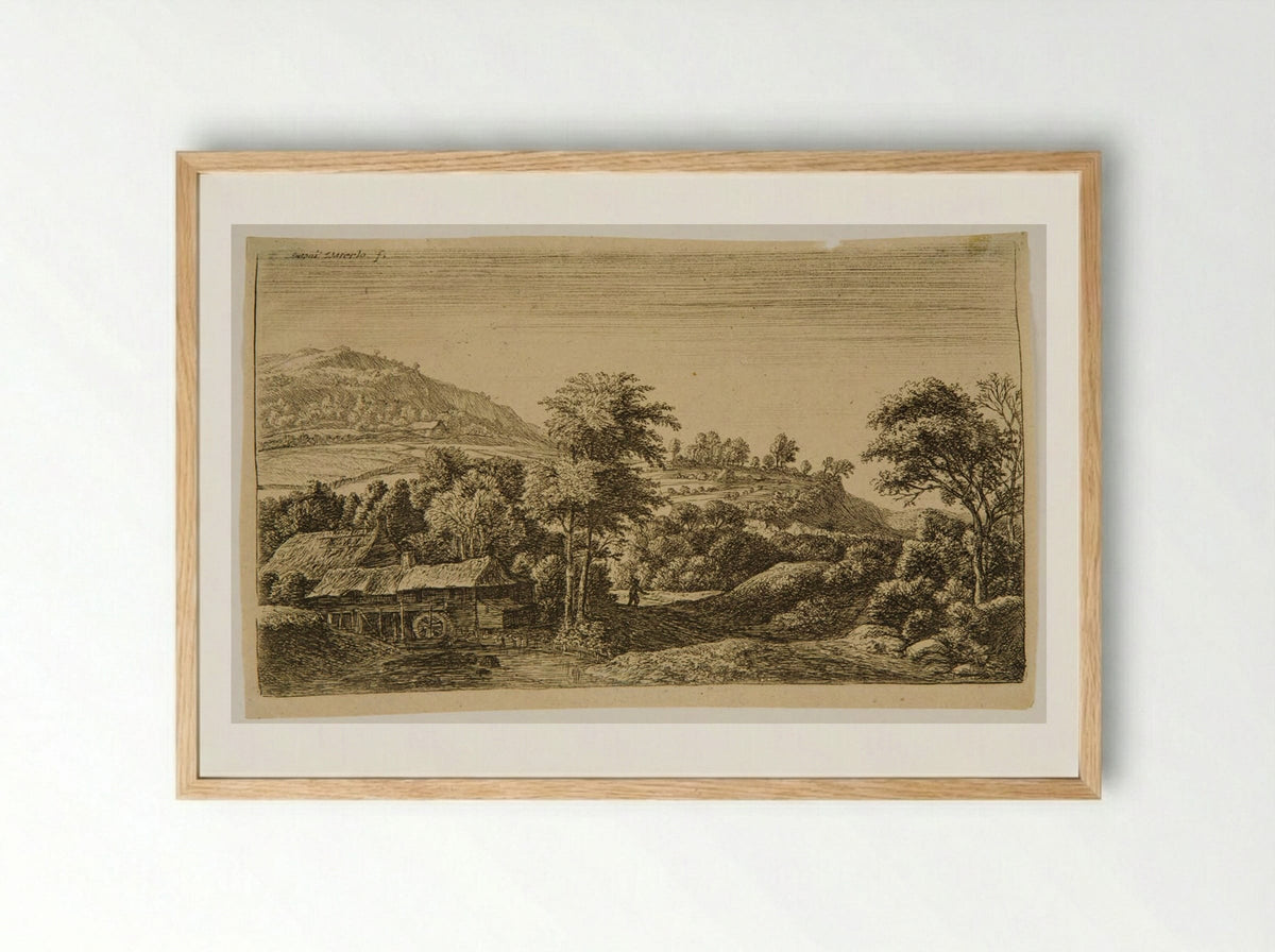 Water Mill at the Foot of a Mountain - Anthonie Waterloo - Framed Print Wood