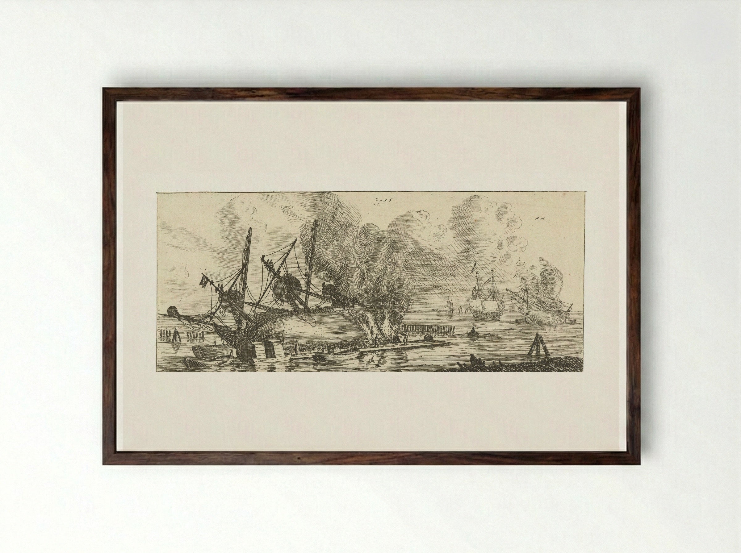 Waterdichtmaken van de romp van een schip - Reinier Nooms - Framed Print Dark Wood