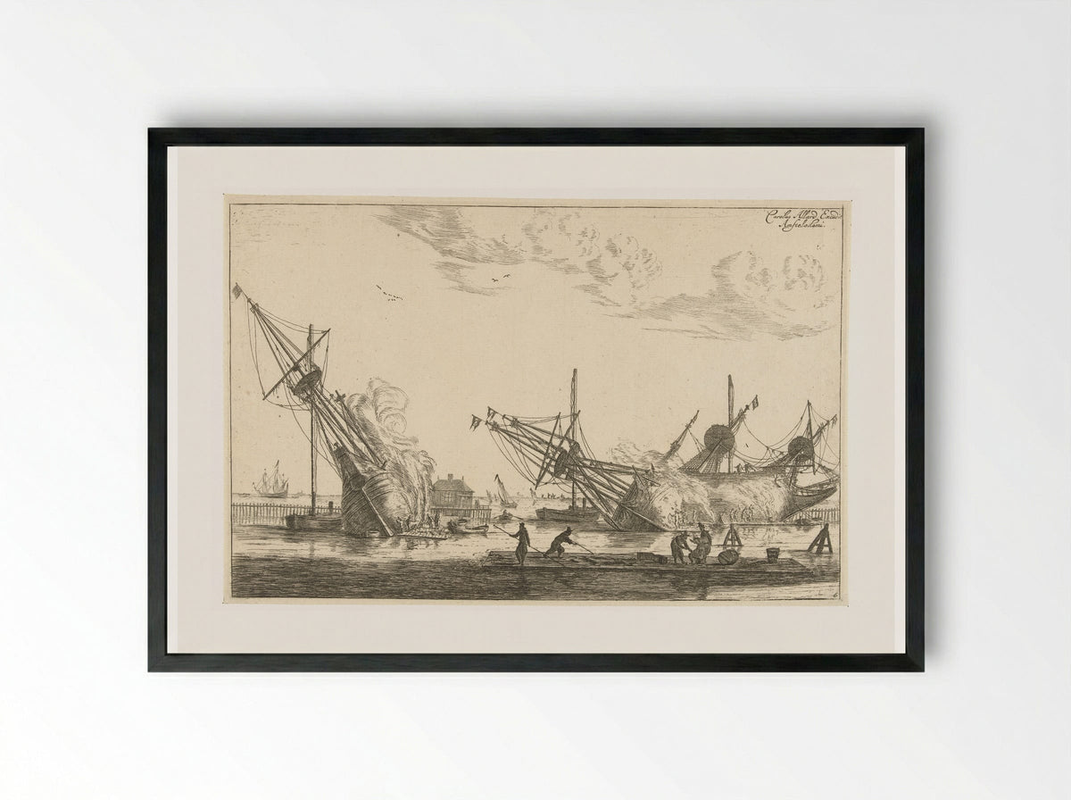 Waterdichtmaken van de rompen van drie fluitschepen - Reinier Nooms - Framed Print Black