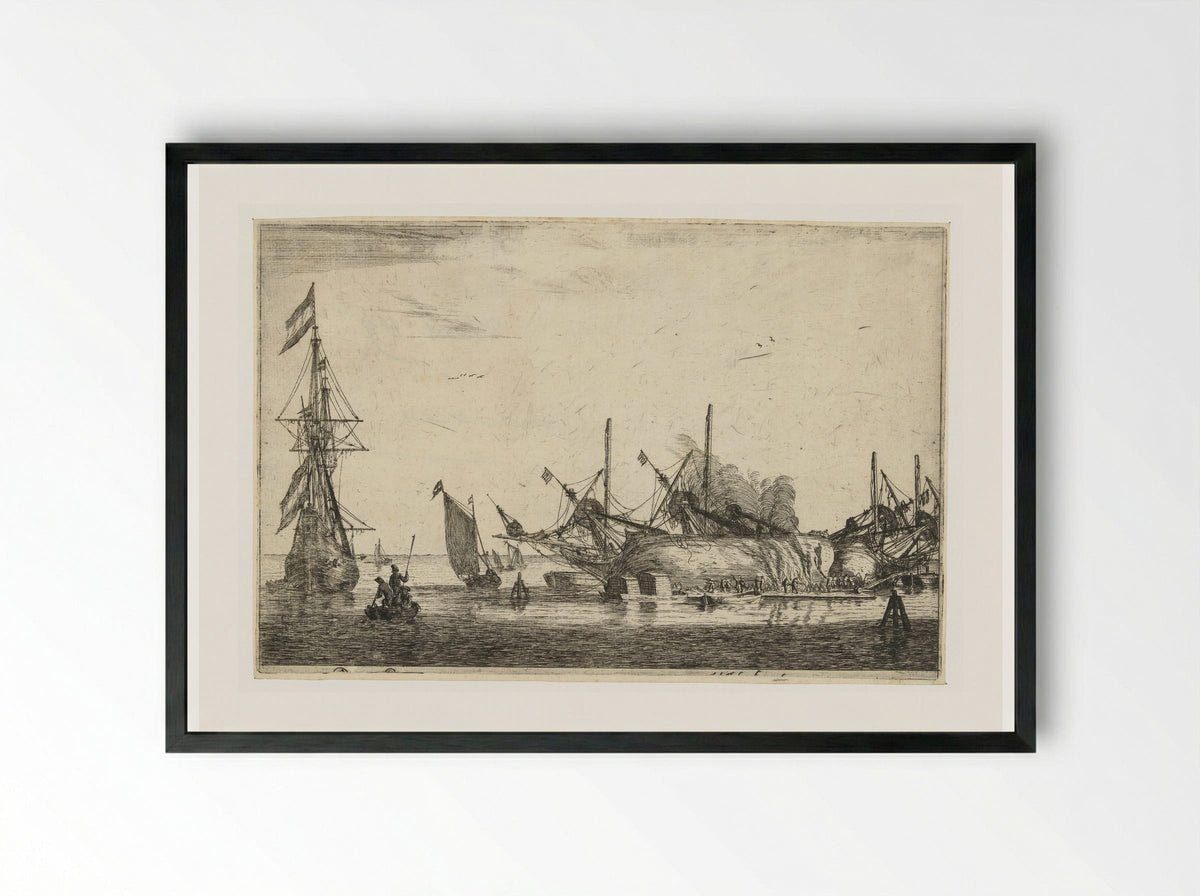 Waterdichtmaken van de rompen van twee schepen - Reinier Nooms - Framed Print Black