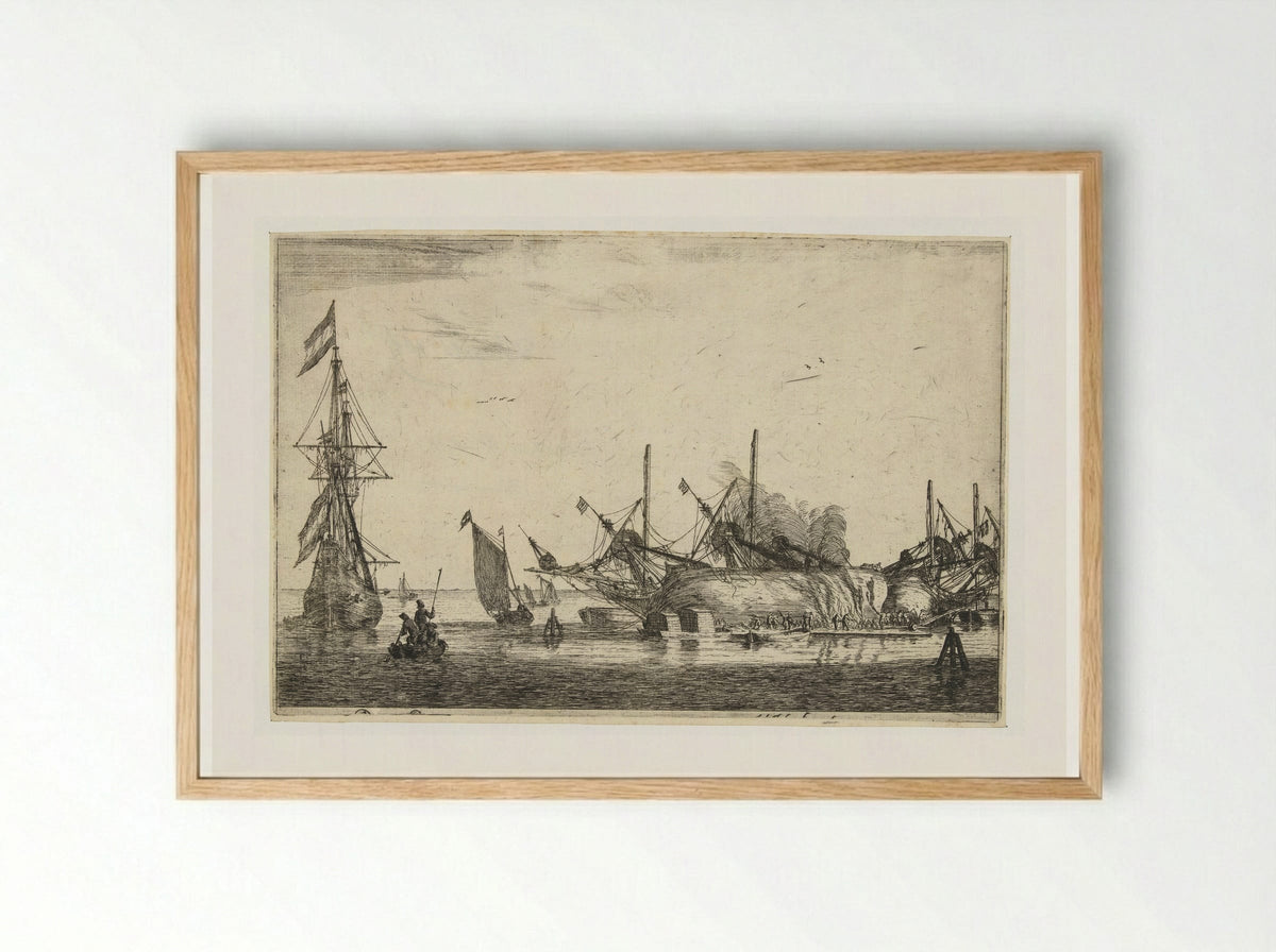 Waterdichtmaken van de rompen van twee schepen - Reinier Nooms - Framed Print Wood