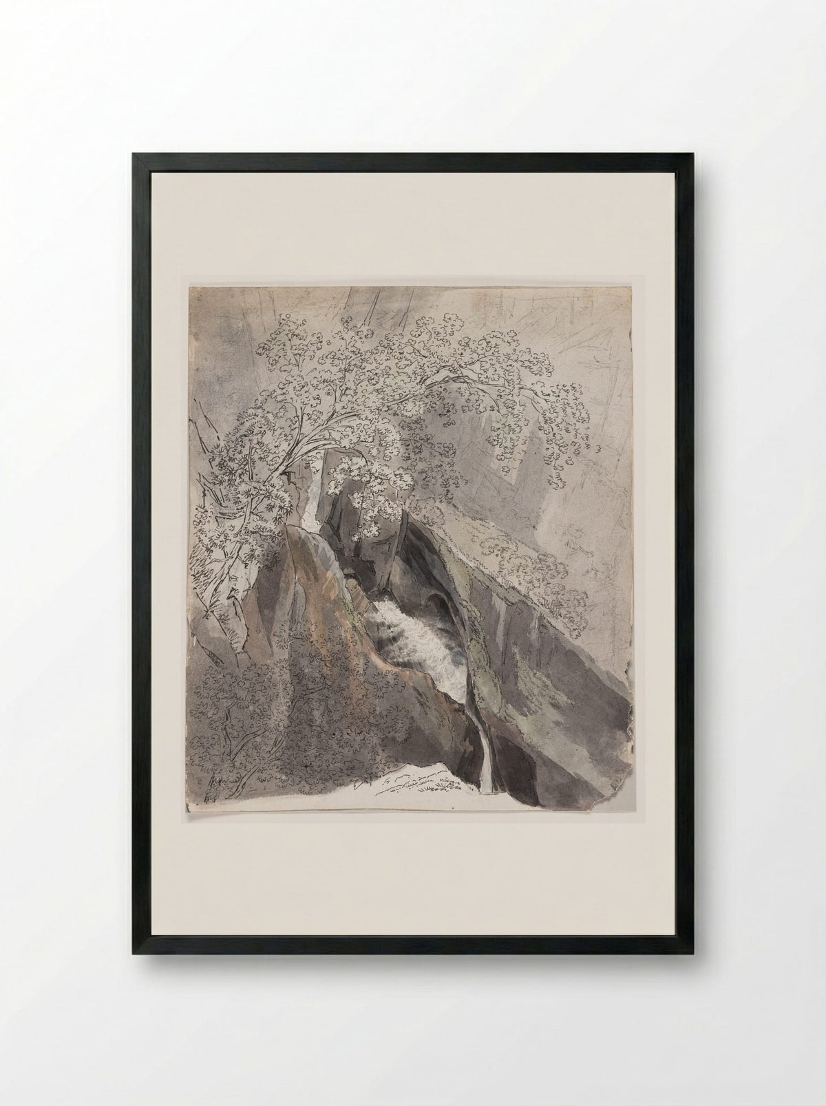 Waterfall Cascading Down a Mountain - Friedrich Salathé - Framed Print Black