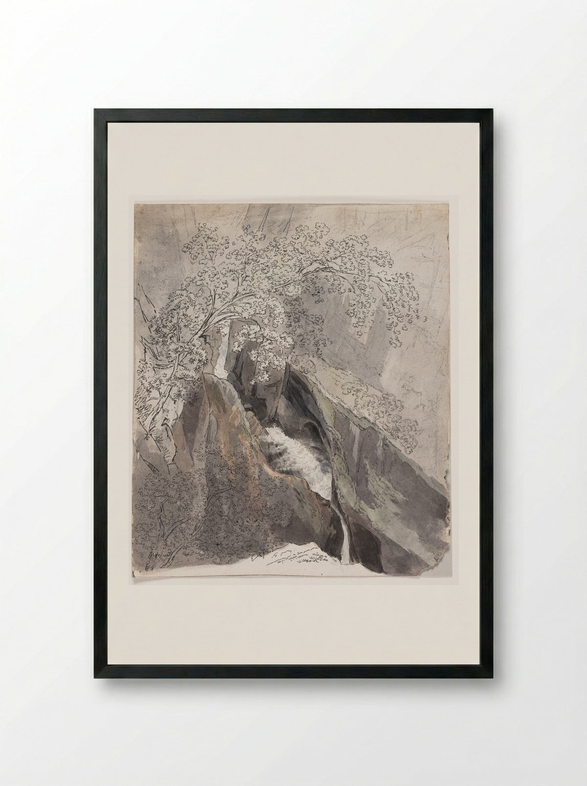 Waterfall Cascading Down a Mountain - Friedrich Salathé - Framed Print Black