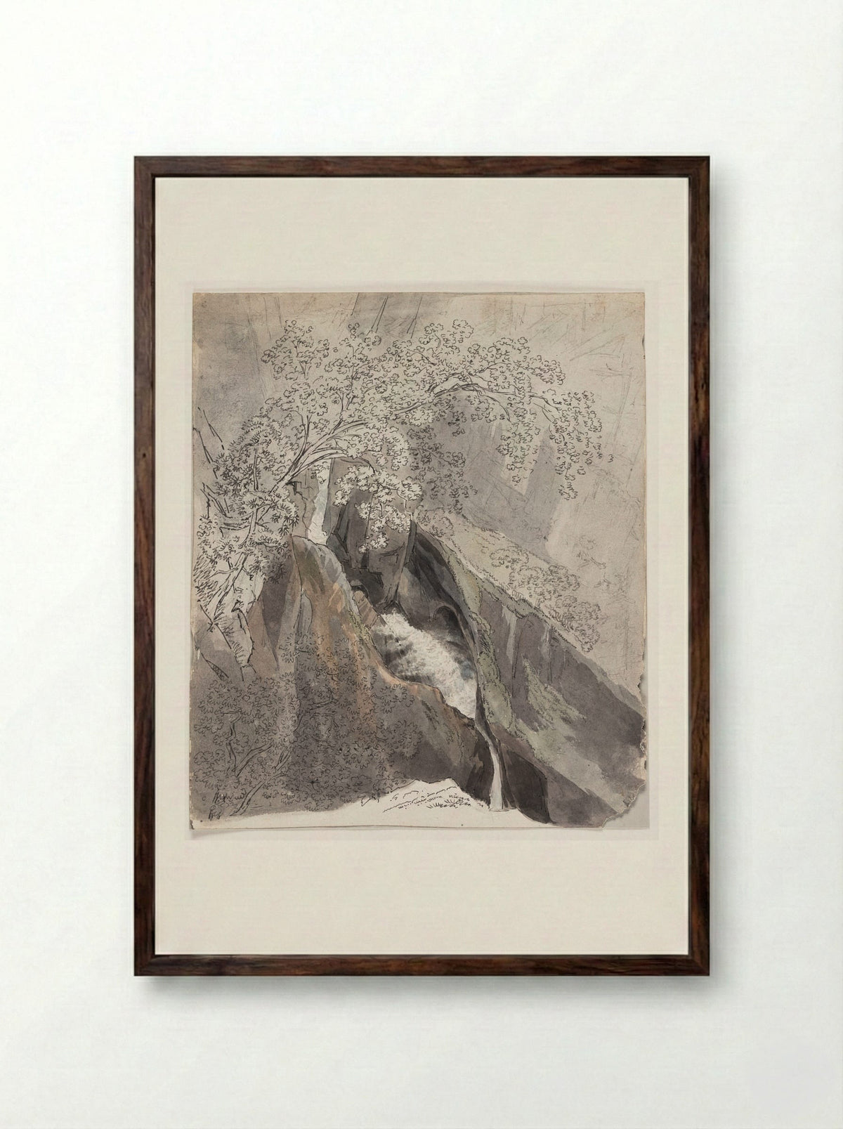 Waterfall Cascading Down a Mountain - Friedrich Salathé - Framed Print Dark Wood