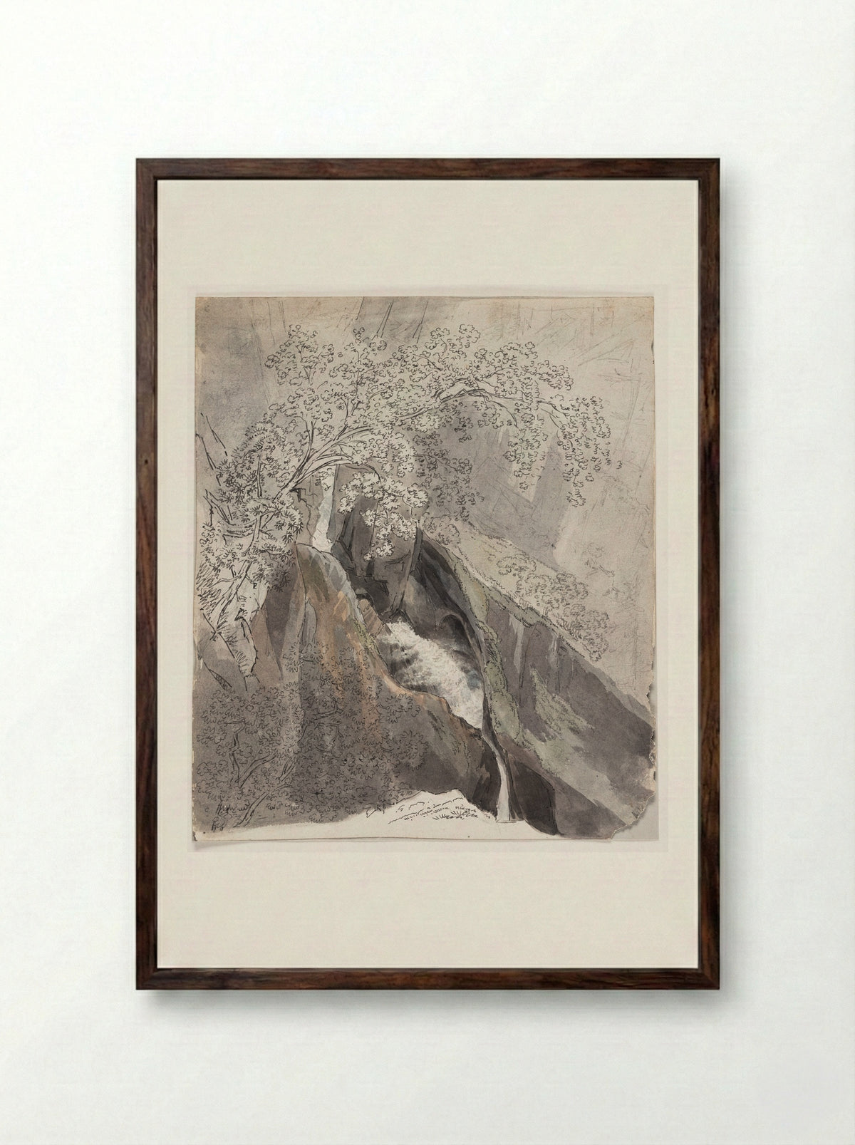 Waterfall Cascading Down a Mountain - Friedrich Salathé - Framed Print Dark Wood