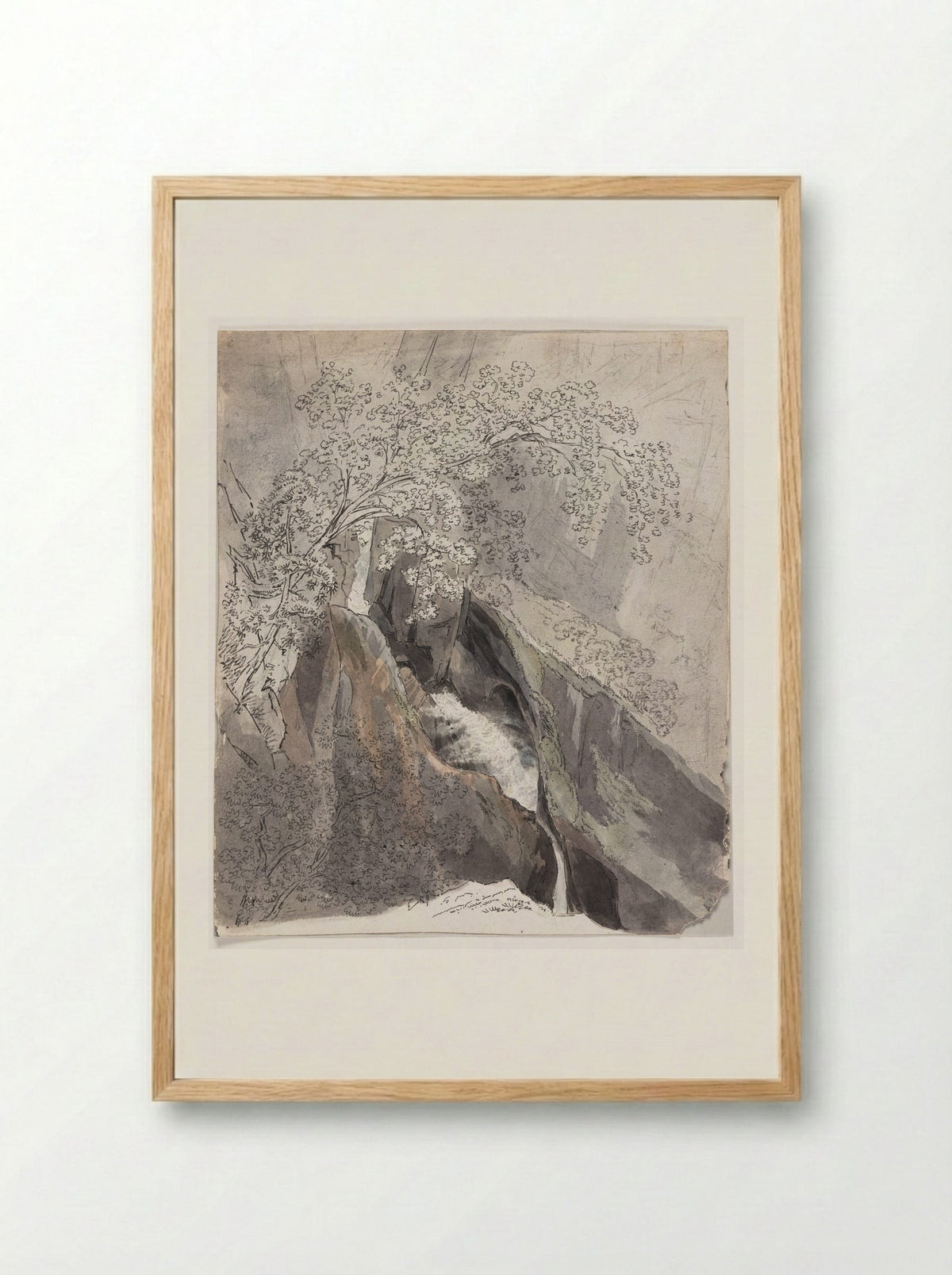 Waterfall Cascading Down a Mountain - Friedrich Salathé - Framed Print Wood