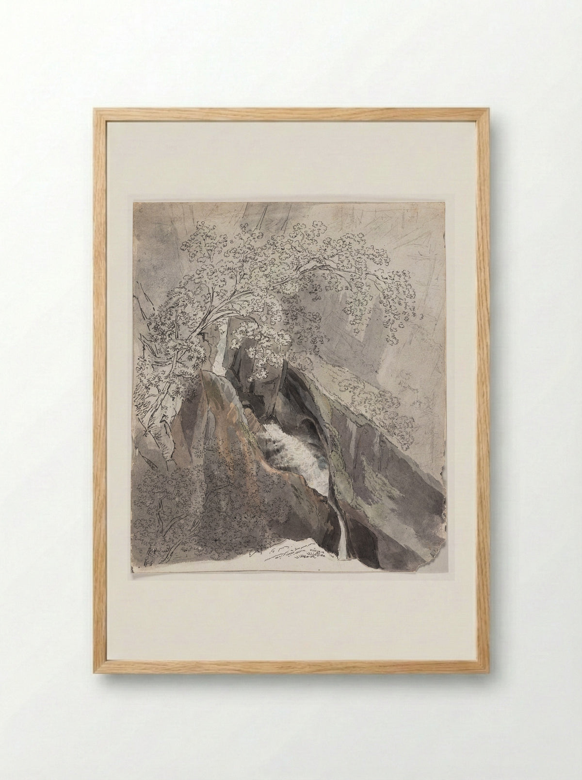 Waterfall Cascading Down a Mountain - Friedrich Salathé - Framed Print Wood