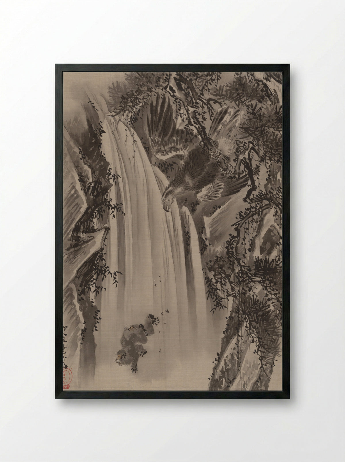 Waterfall, Eagle and Monkey - Kawanabe Kyōsai - Framed Print Black