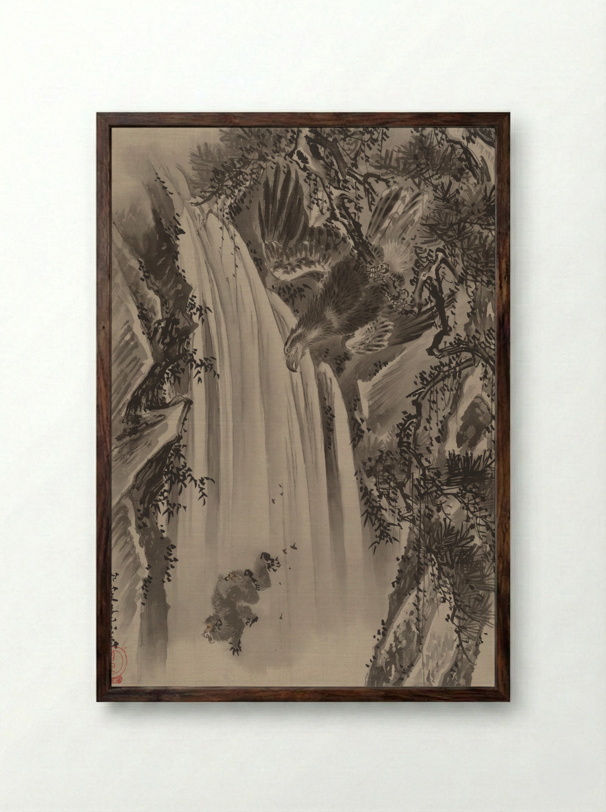 Waterfall, Eagle and Monkey - Kawanabe Kyōsai - Framed Print Dark Wood