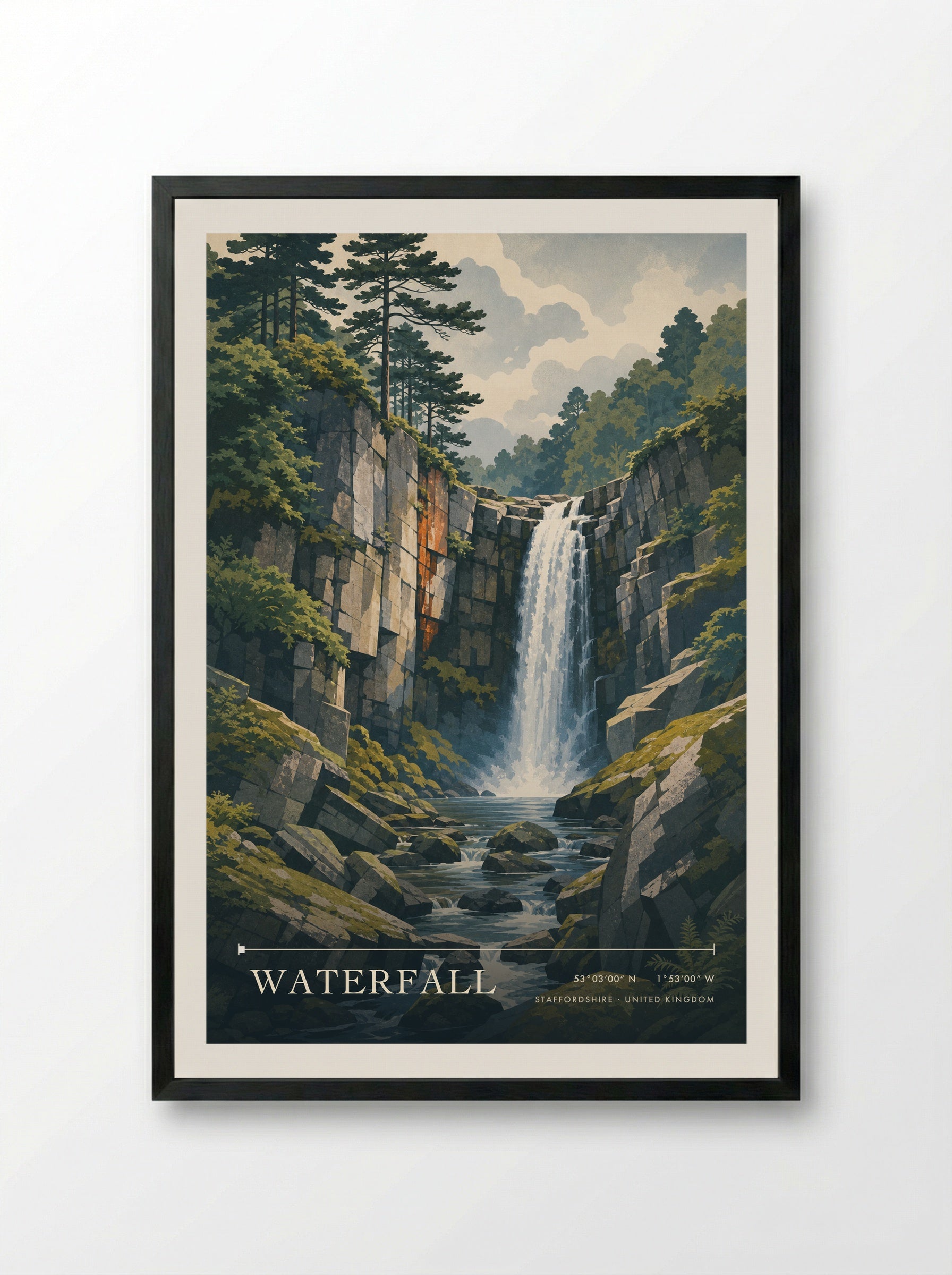 Waterfall Staffordshire United Kingdom Travel Poster - Framed Print Black