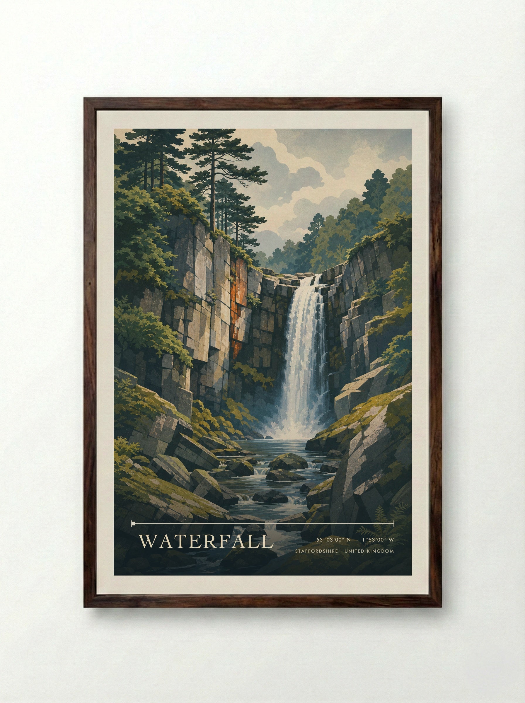 Waterfall Staffordshire United Kingdom Travel Poster - Framed Print Dark Wood