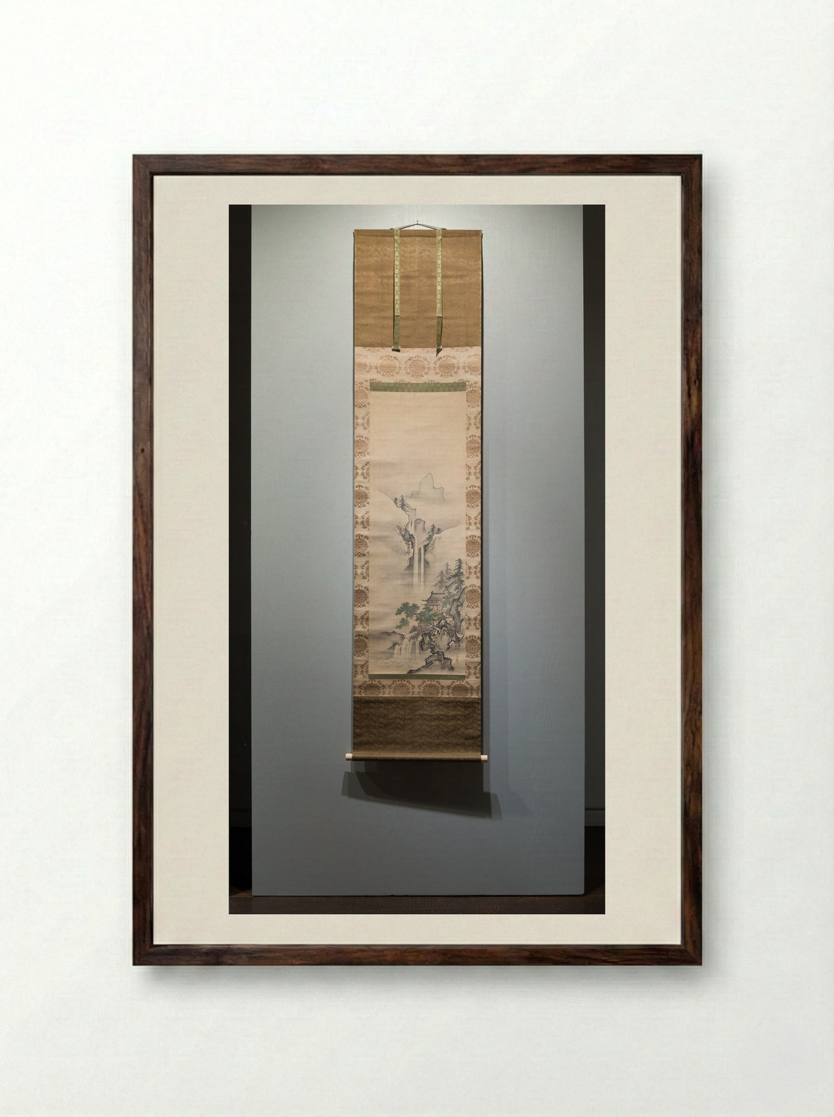 Waterfall in Mountainous Terrain - Kanô Tsunenobu - Framed Print Dark Wood