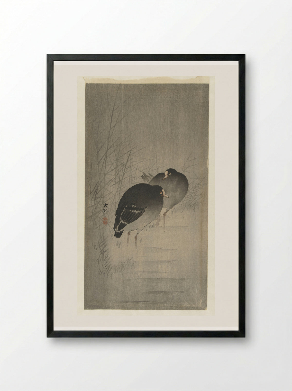 Waterhoentjes tussen riet (Moorhens among Reeds) - Matsuki Heikichi - Framed Print Black