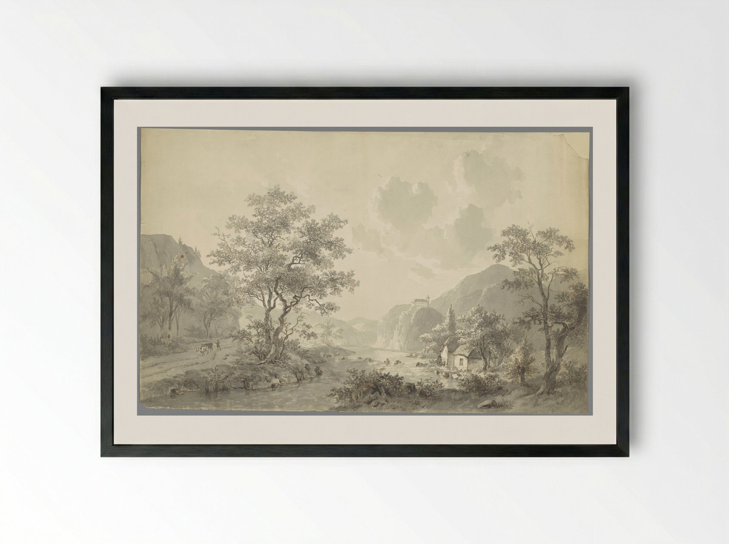 Watervalletje bij een meer in een berglandschap - Jacob van Strij - Framed Print Black