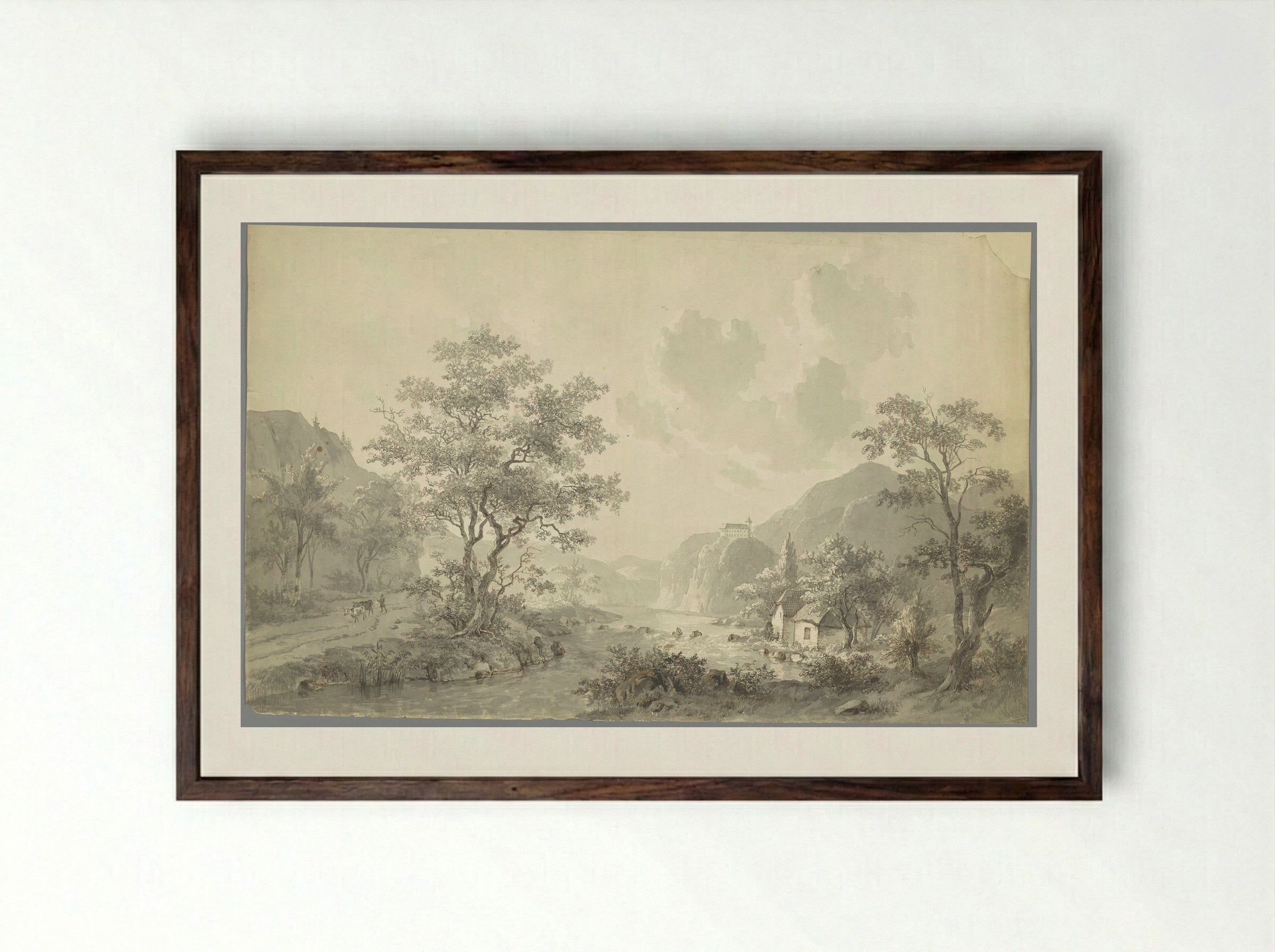 Watervalletje bij een meer in een berglandschap - Jacob van Strij - Framed Print Dark Wood
