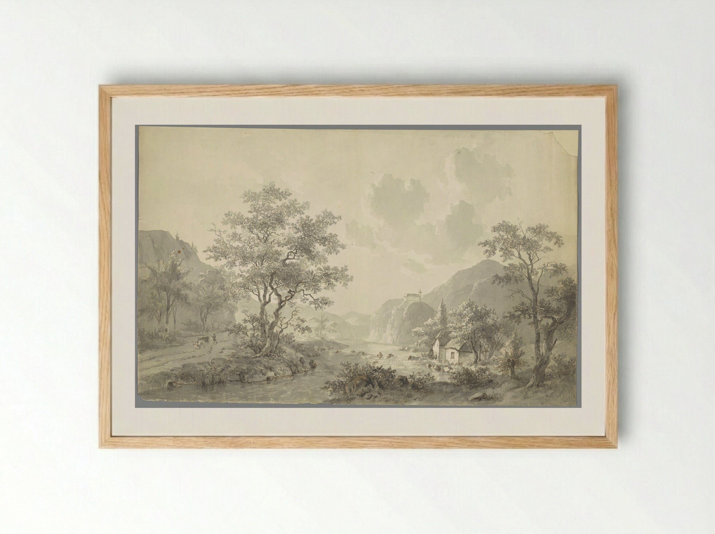 Watervalletje bij een meer in een berglandschap - Jacob van Strij - Framed Print Wood