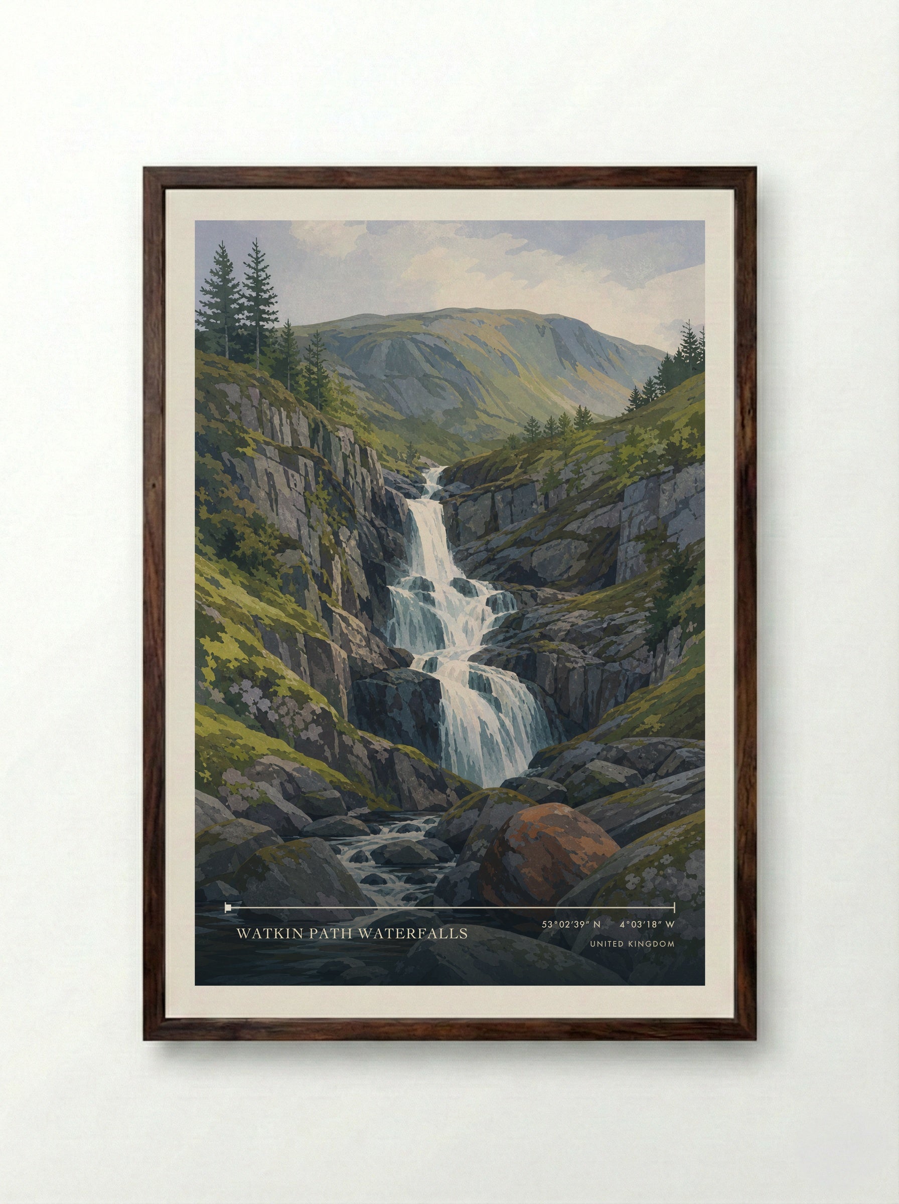 Watkin Path Waterfalls United Kingdom Travel Poster - Framed Print Dark Wood