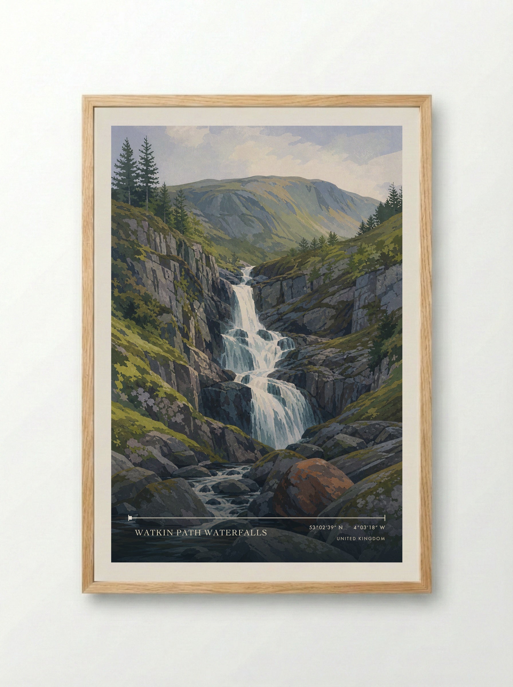 Watkin Path Waterfalls United Kingdom Travel Poster - Framed Print Wood