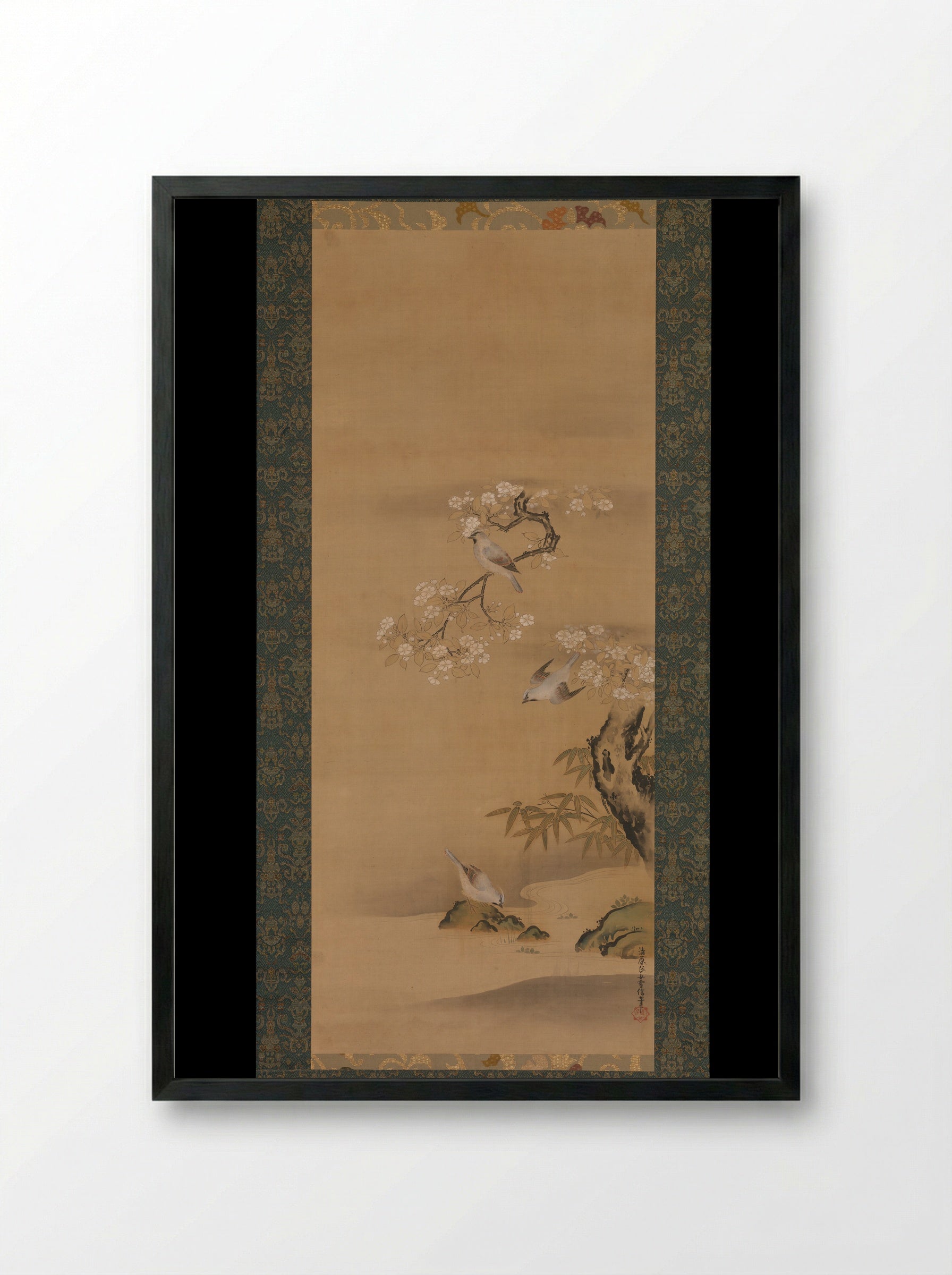 Waxwings, Cherry Blossoms, and Bamboo - Kiyohara Yukinobu - Framed Print Black