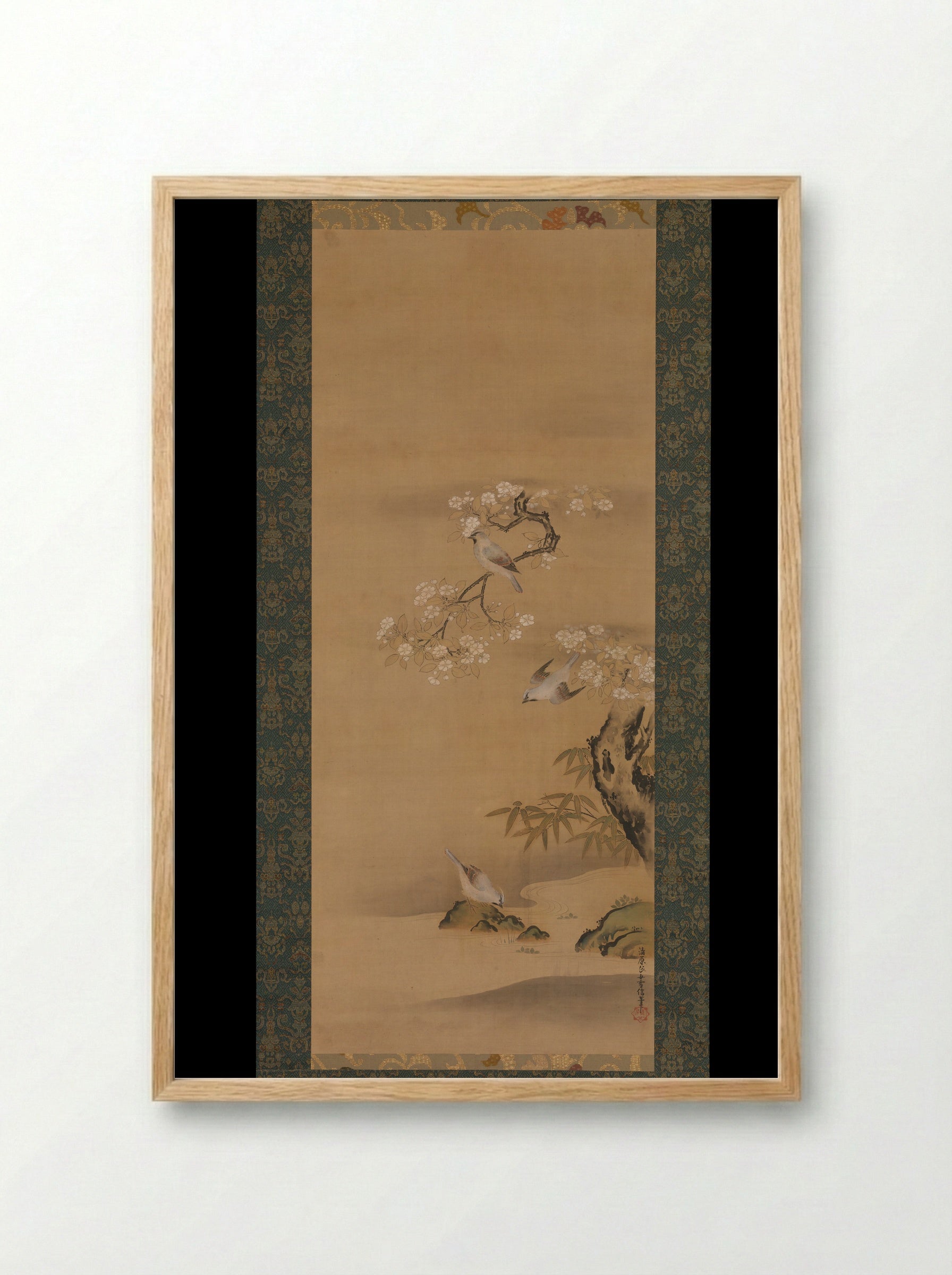 Waxwings, Cherry Blossoms, and Bamboo - Kiyohara Yukinobu - Framed Print Wood