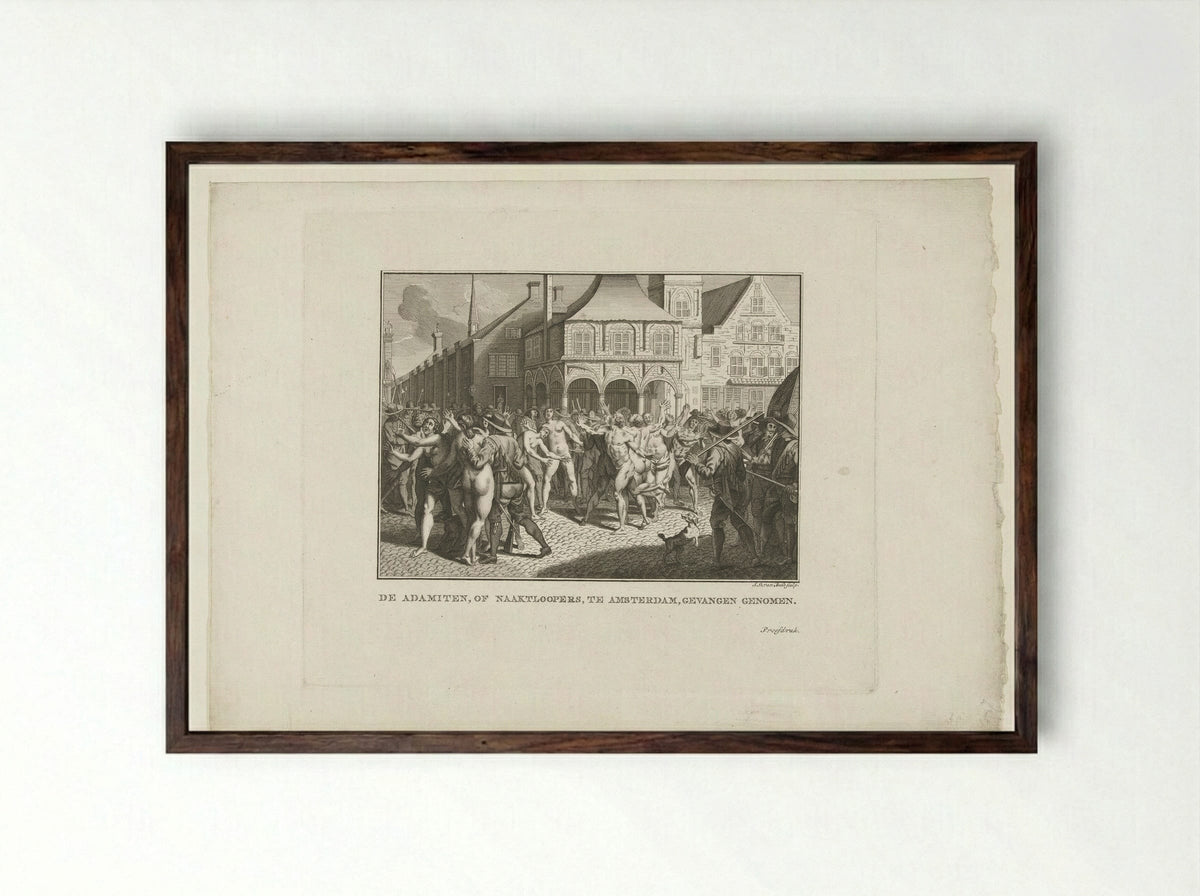 Wederdopers lopen naakt over de Dam te Amsterdam, 1535 - Jan Lucas van der Beek - Framed Print Dark Wood