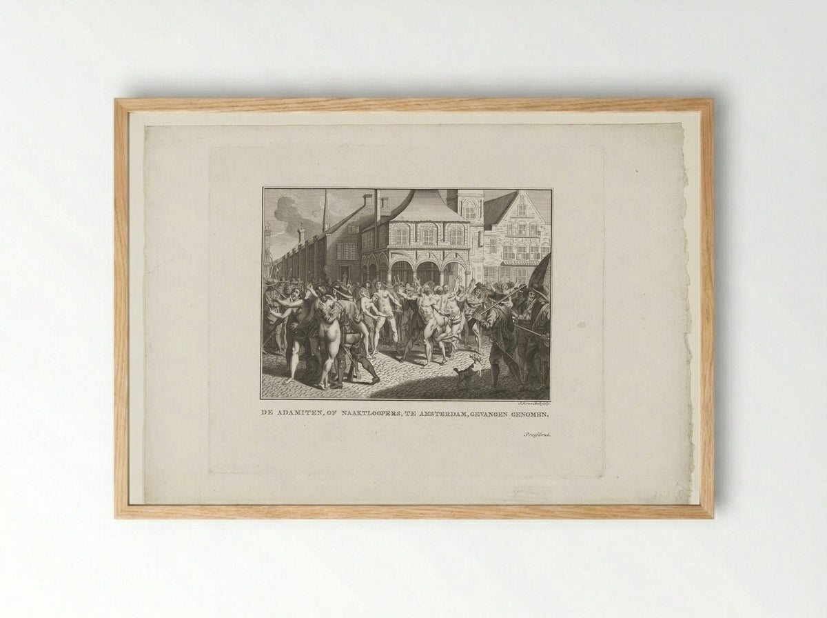 Wederdopers lopen naakt over de Dam te Amsterdam, 1535 - Jan Lucas van der Beek - Framed Print Wood