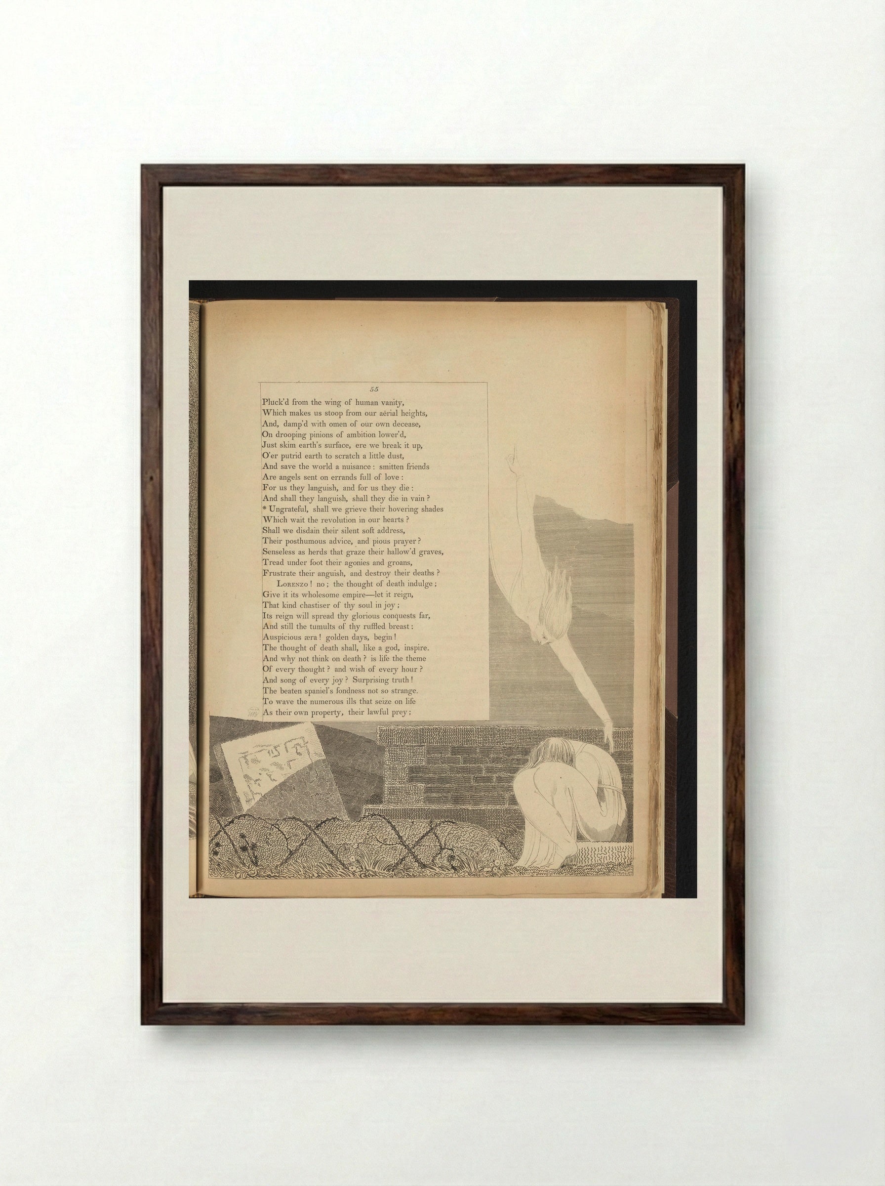 Weeping Person at Grave - William Blake - Framed Print Dark Wood