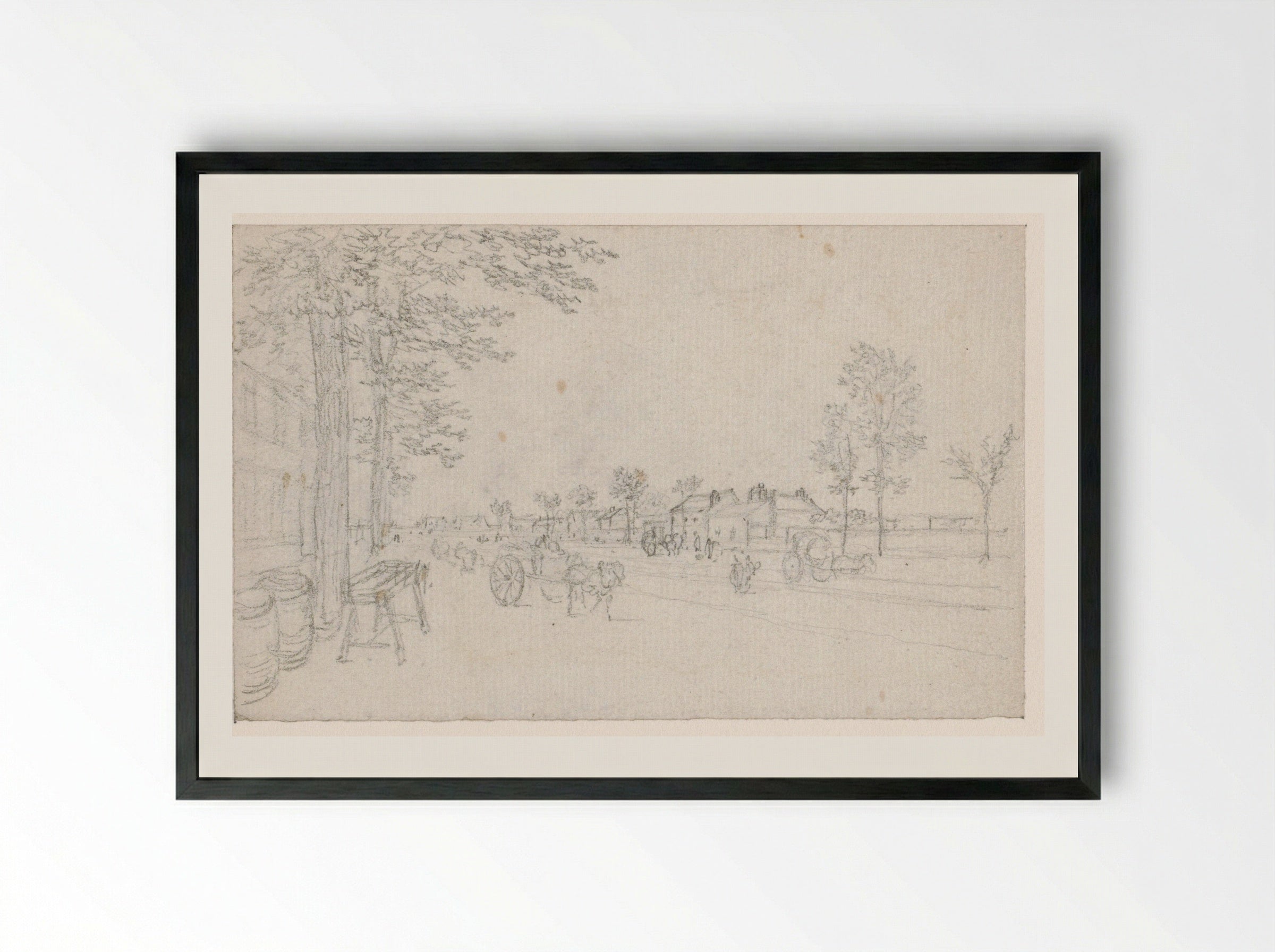 Weg buiten de stad met karren - Georges Michel - Framed Print Black