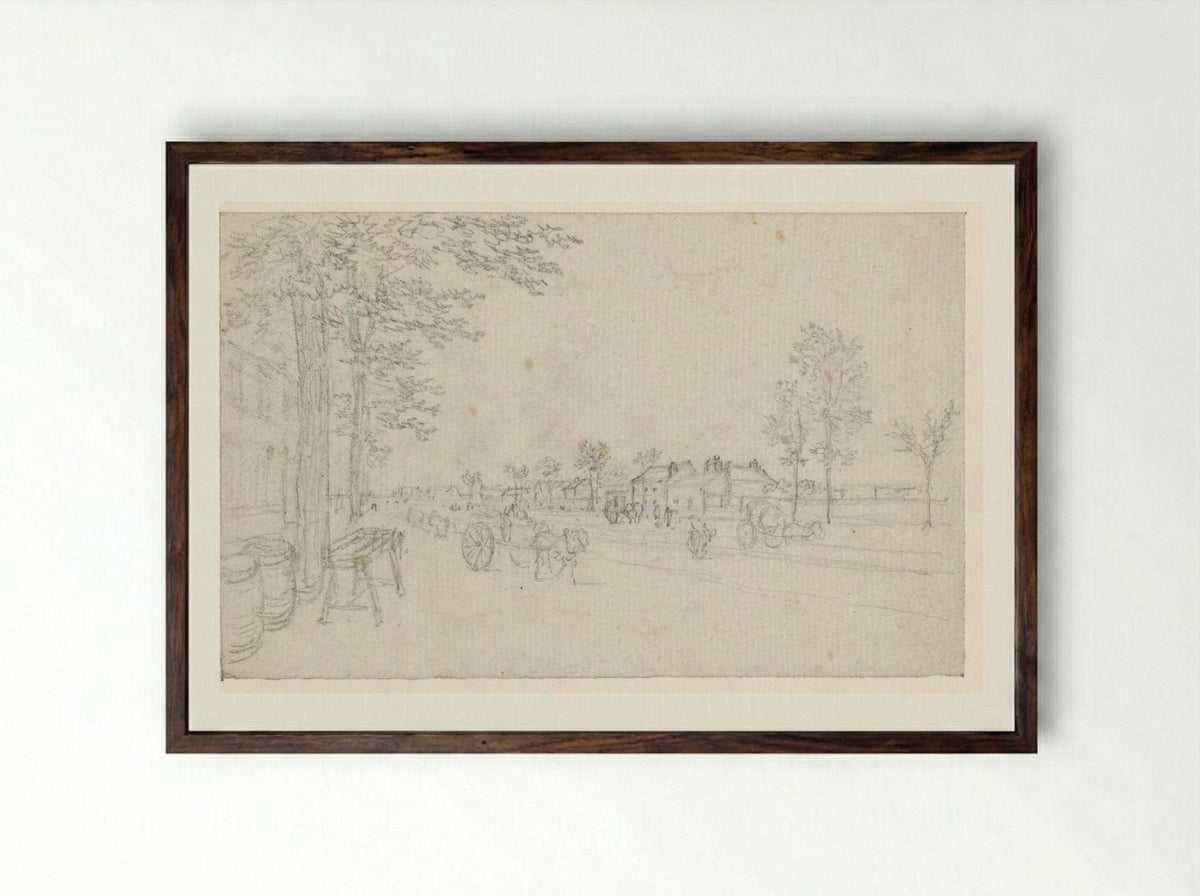 Weg buiten de stad met karren - Georges Michel - Framed Print Dark Wood