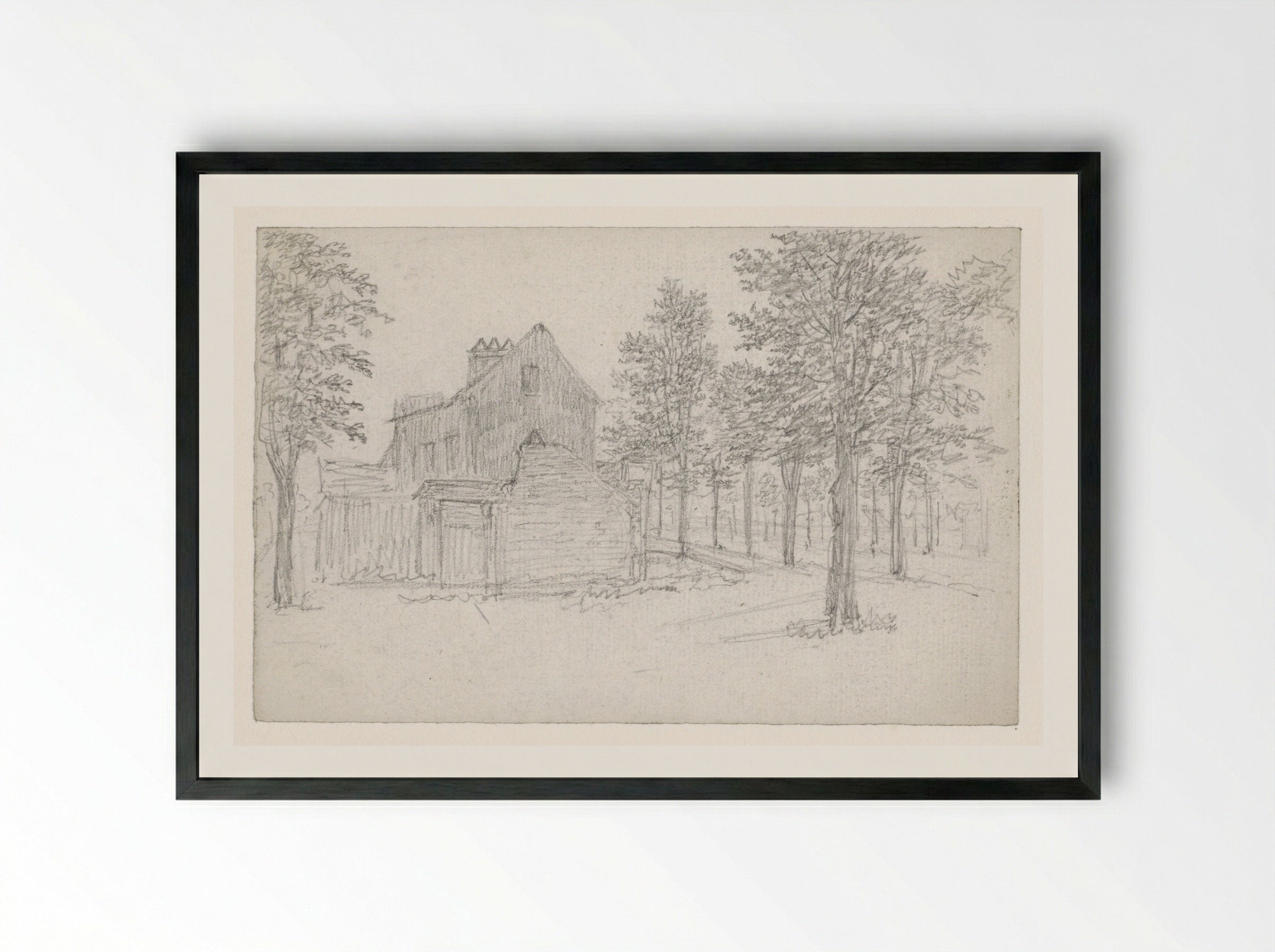Weg met bomen, waaraan links huizen - Georges Michel - Framed Print Black