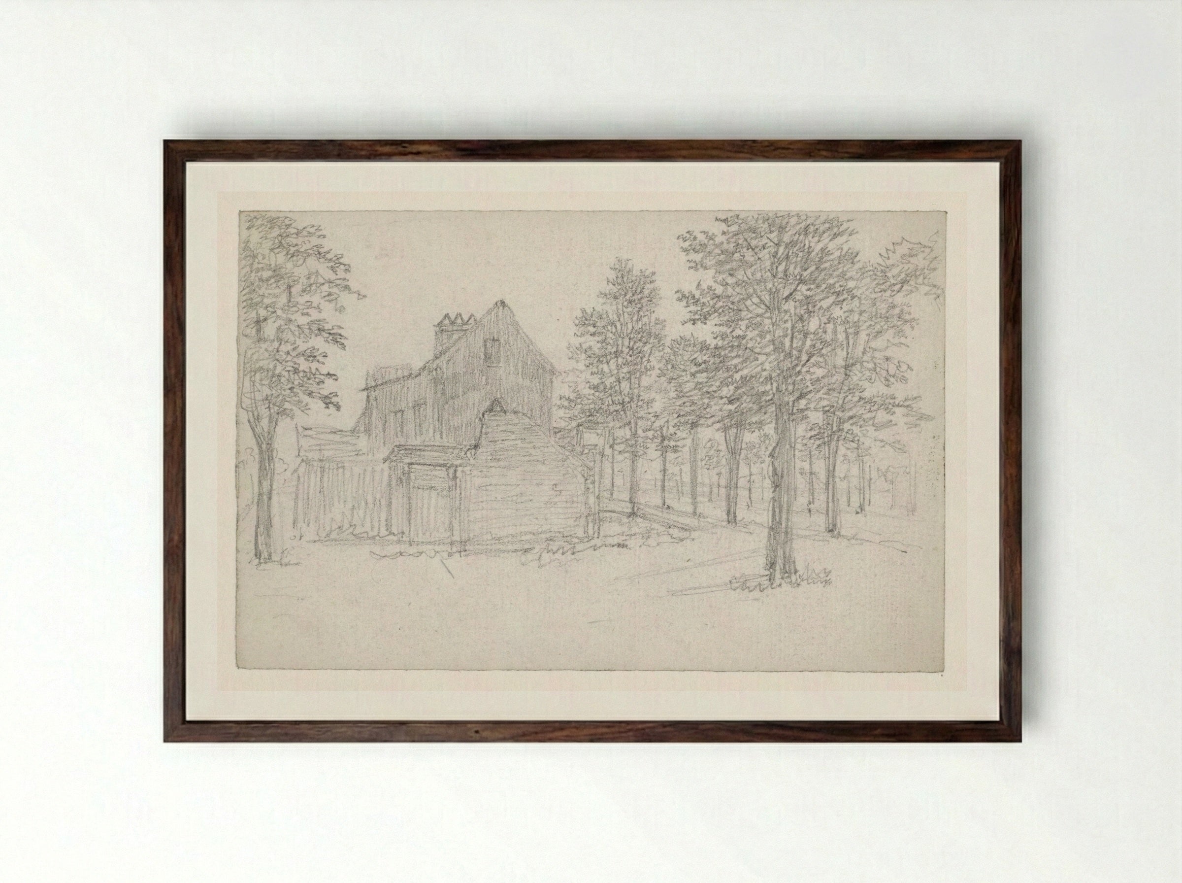 Weg met bomen, waaraan links huizen - Georges Michel - Framed Print Dark Wood