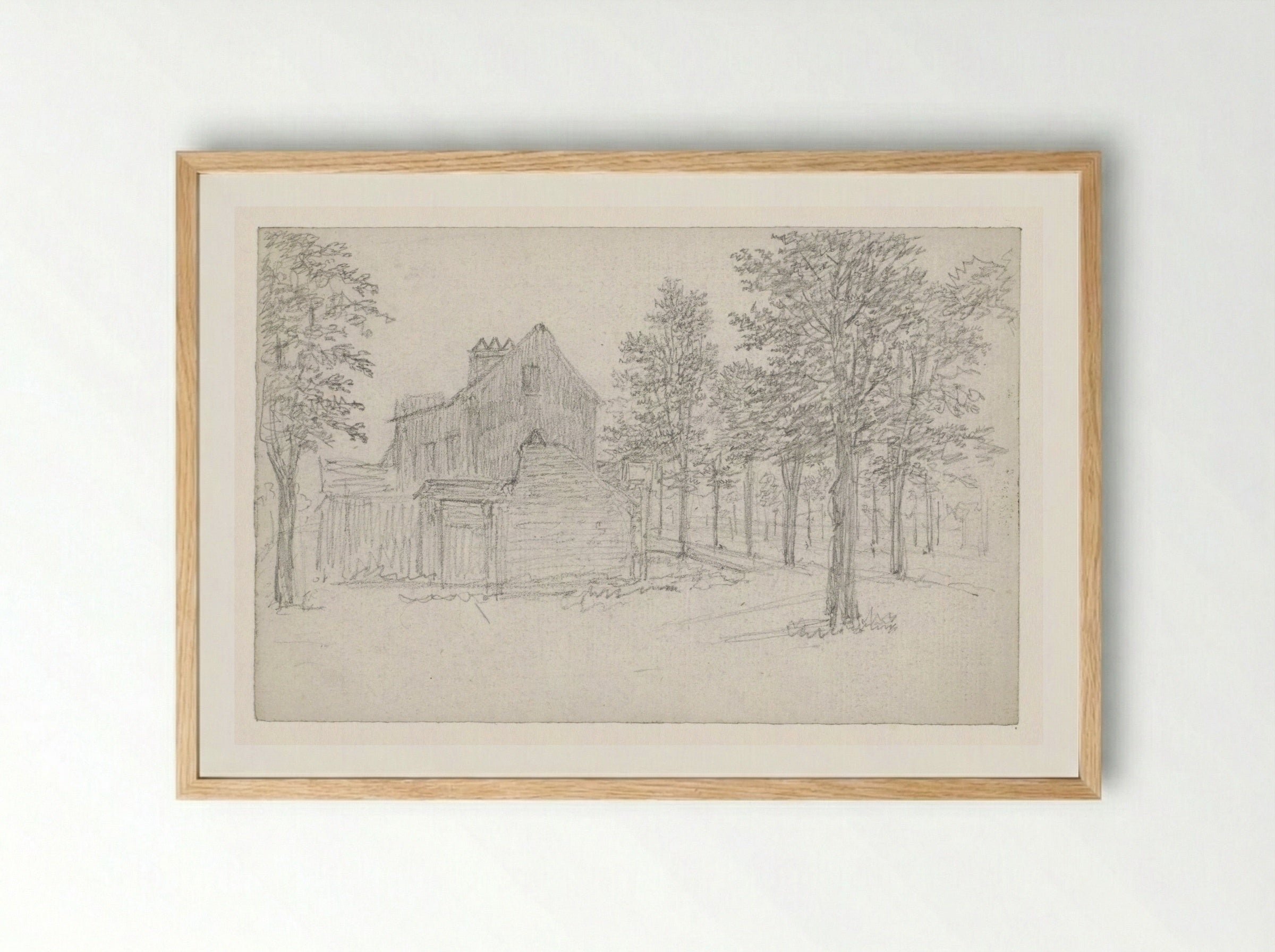 Weg met bomen, waaraan links huizen - Georges Michel - Framed Print Wood
