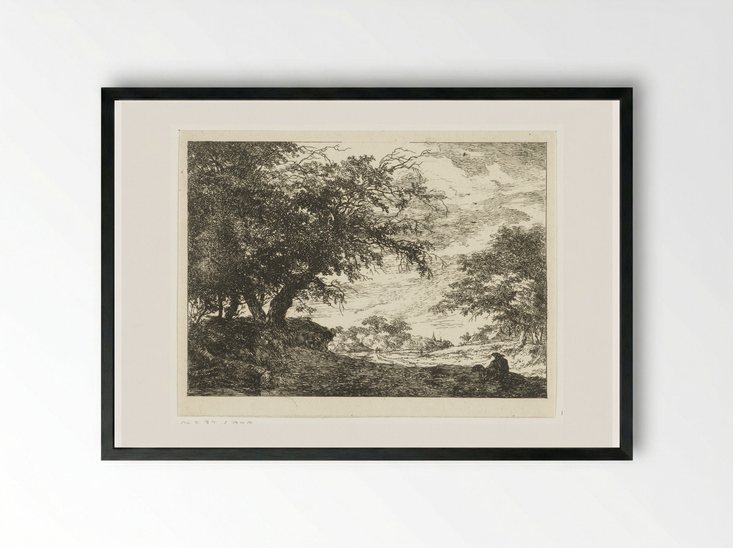 Weg naar dorp met rustende man - Hermanus van Brussel - Framed Print Black