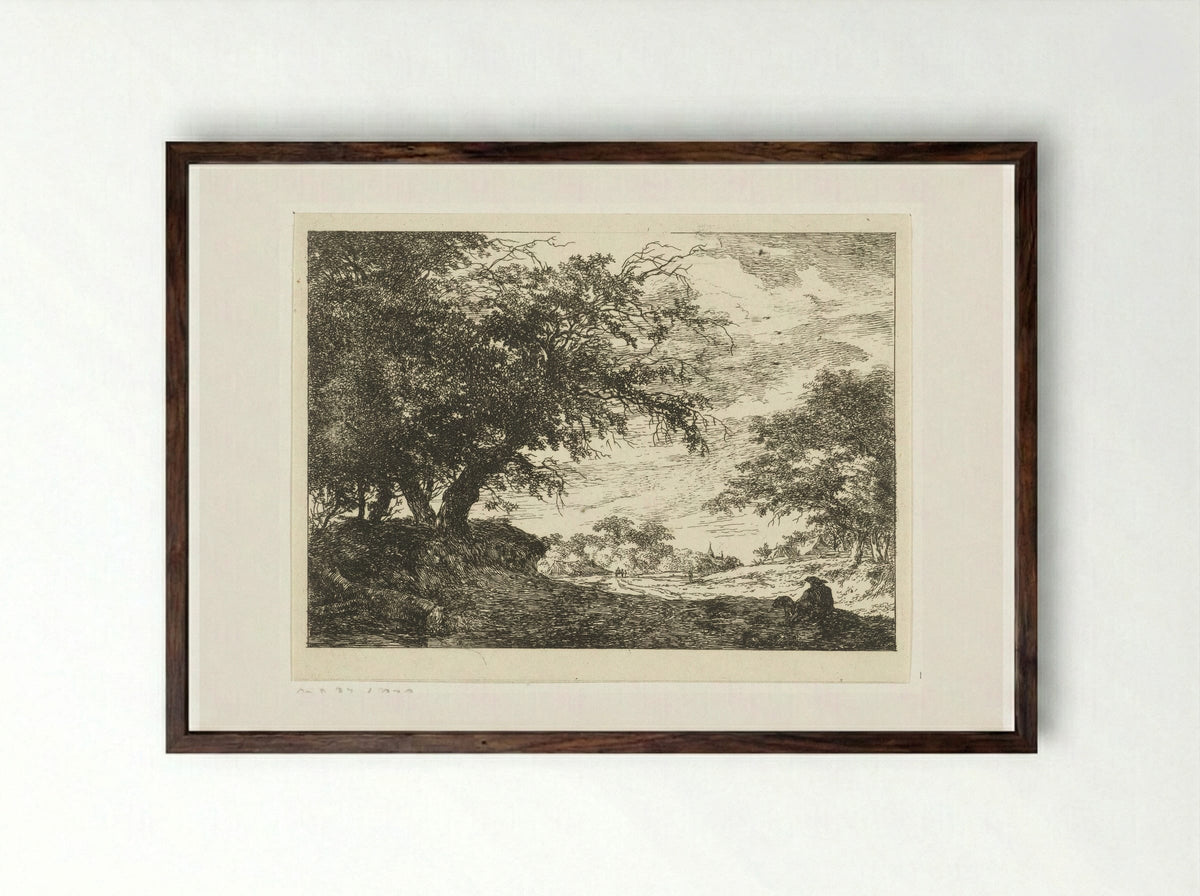 Weg naar dorp met rustende man - Hermanus van Brussel - Framed Print Dark Wood